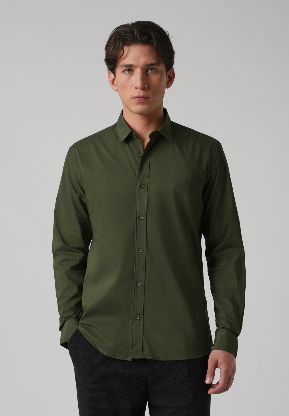 Dark Olive Plain Blended Cotton Shirt