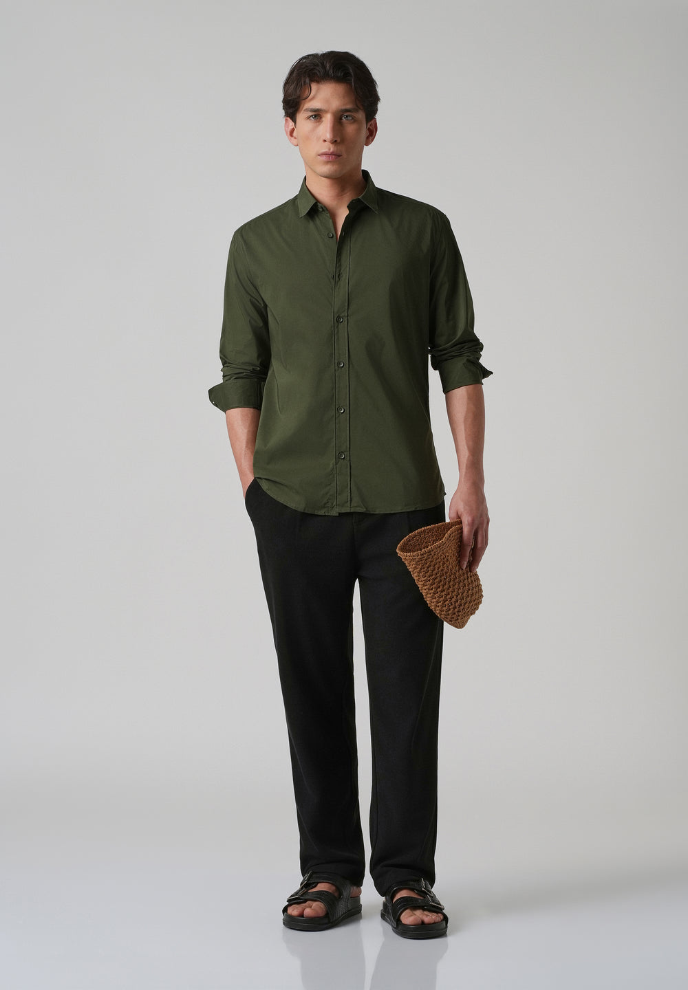 Dark Olive Plain Blended Cotton Shirt