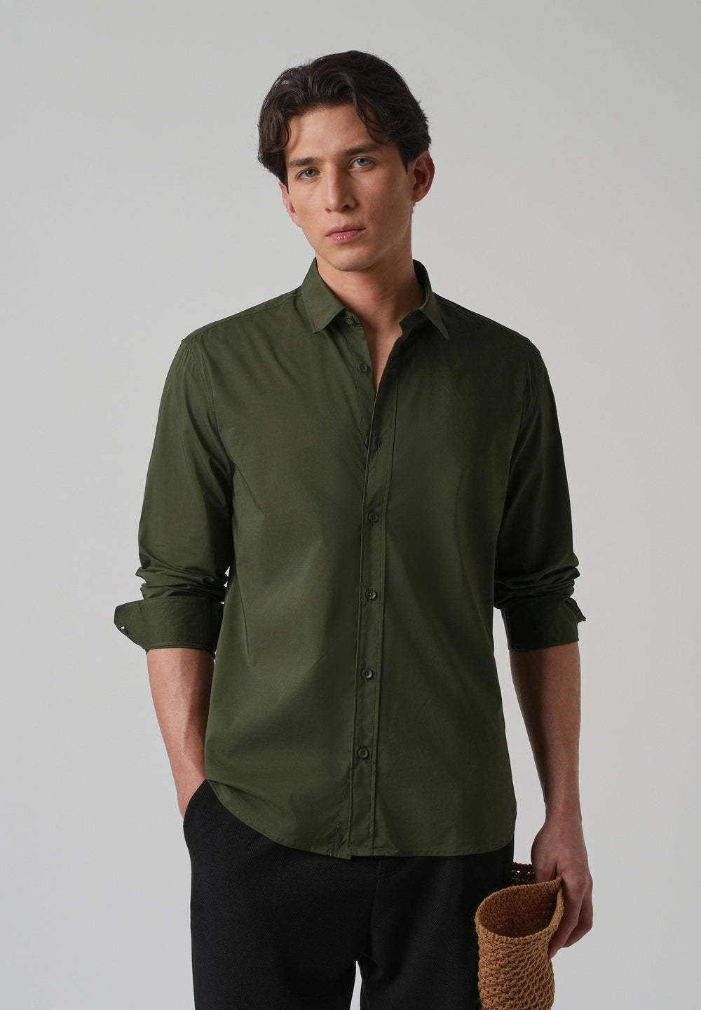 Dark Olive Plain Blended Cotton Shirt