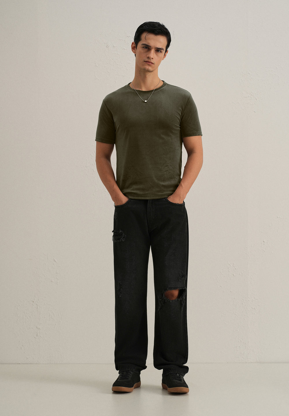 Dark Olive Plain Suede T-shirt