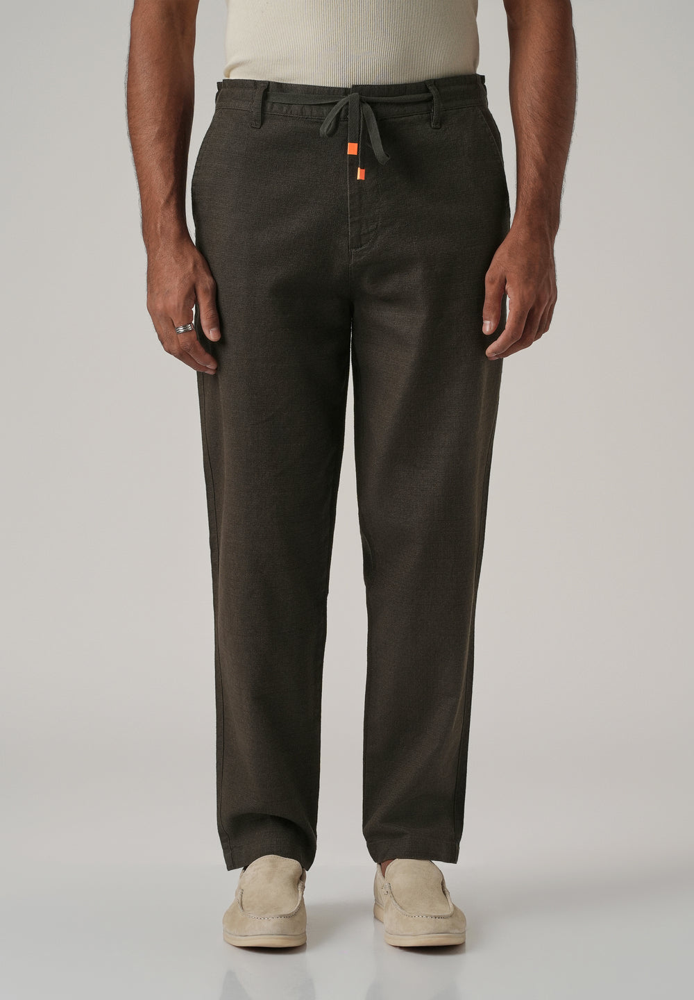 Dark Olive Linen-Look Cotton Trousers