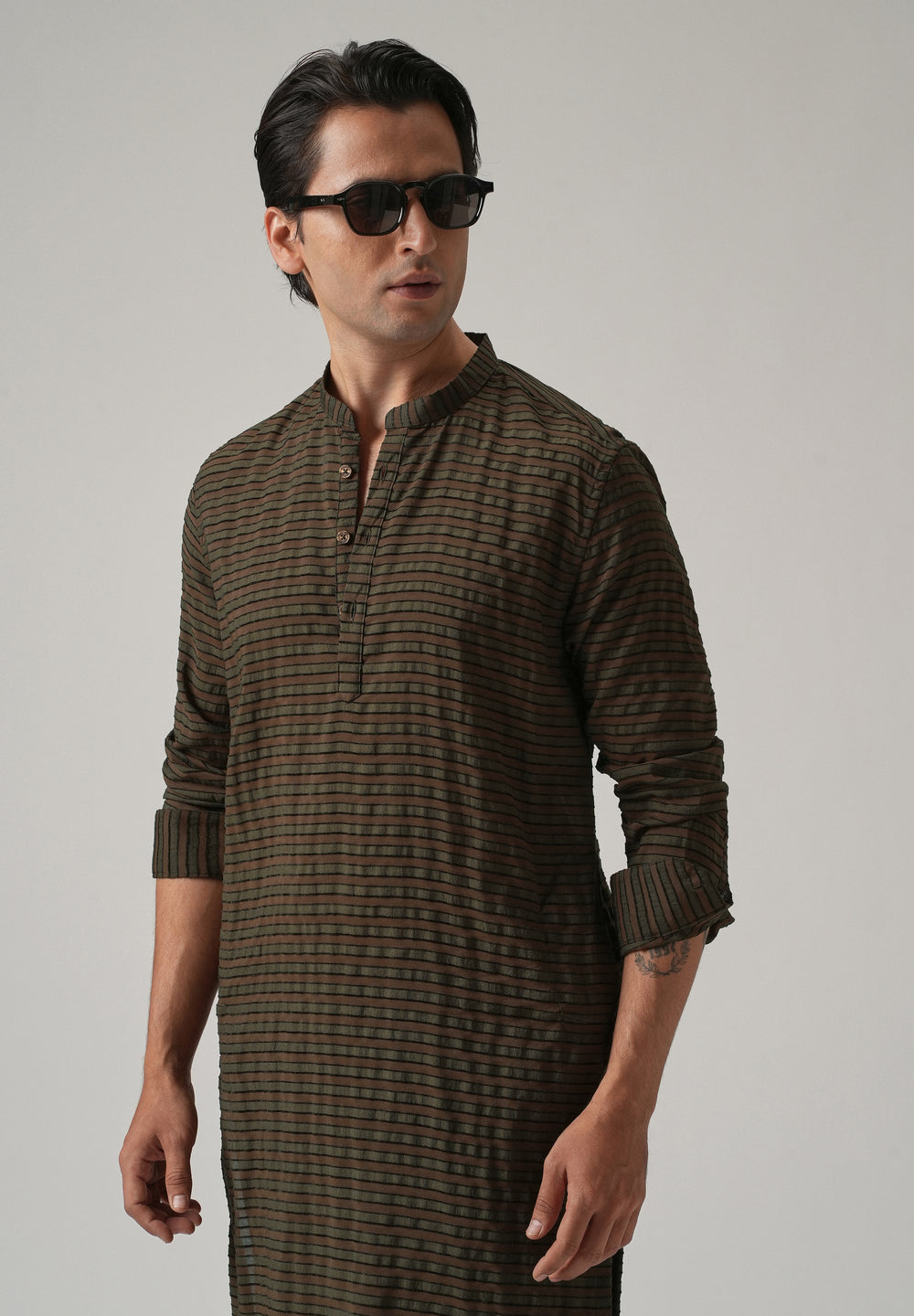 Dark Olive Nylon Pin Stripe Kurta