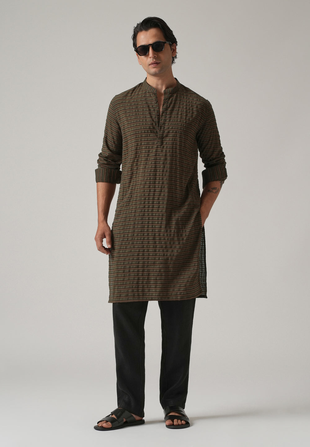 Dark Olive Nylon Pin Stripe Kurta
