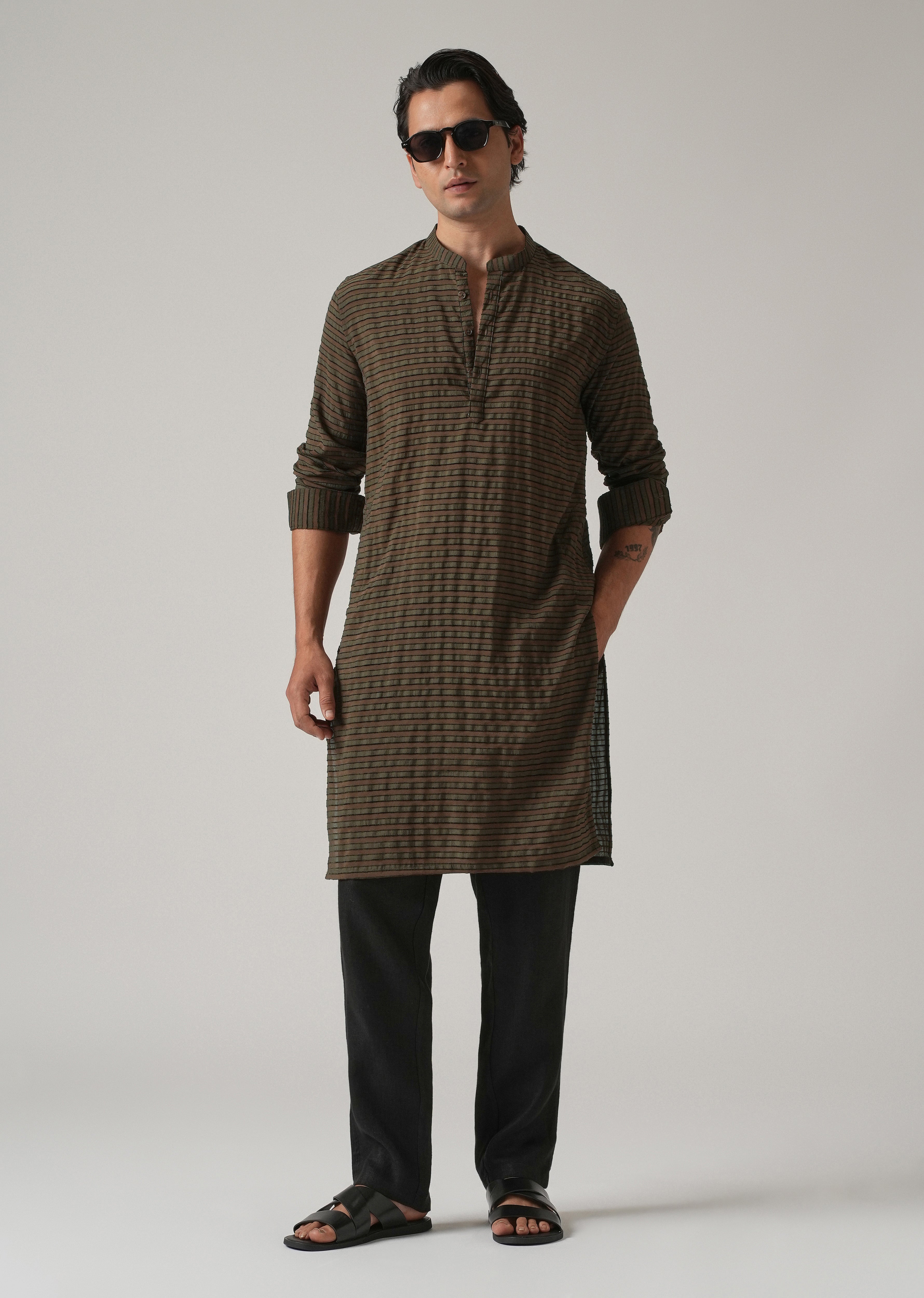 Dark Olive Nylon Pin Stripe Kurta