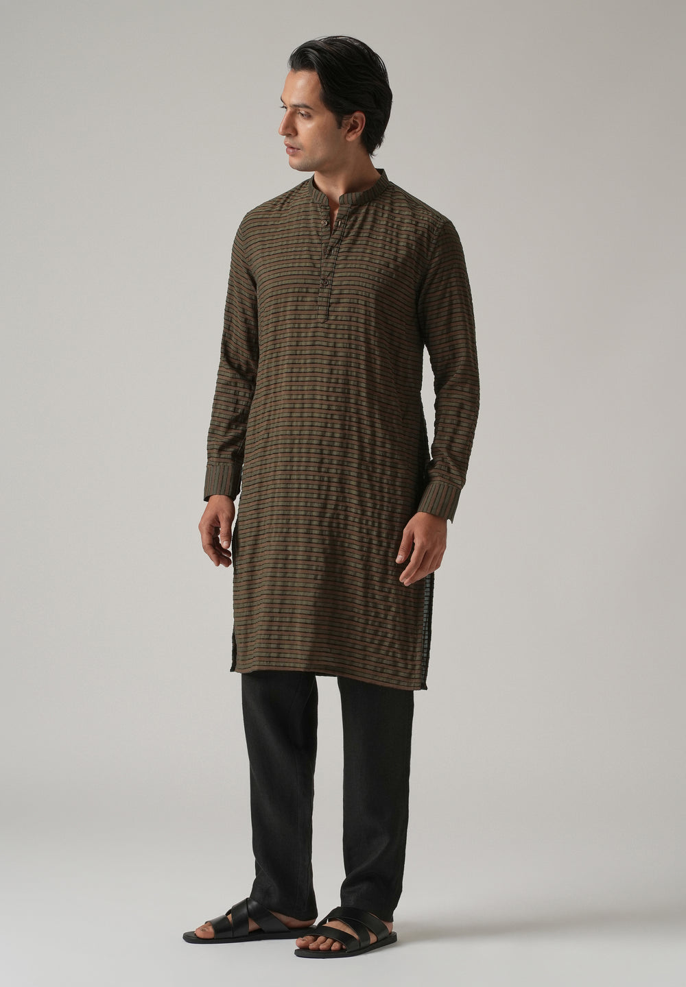 Dark Olive Nylon Pin Stripe Kurta