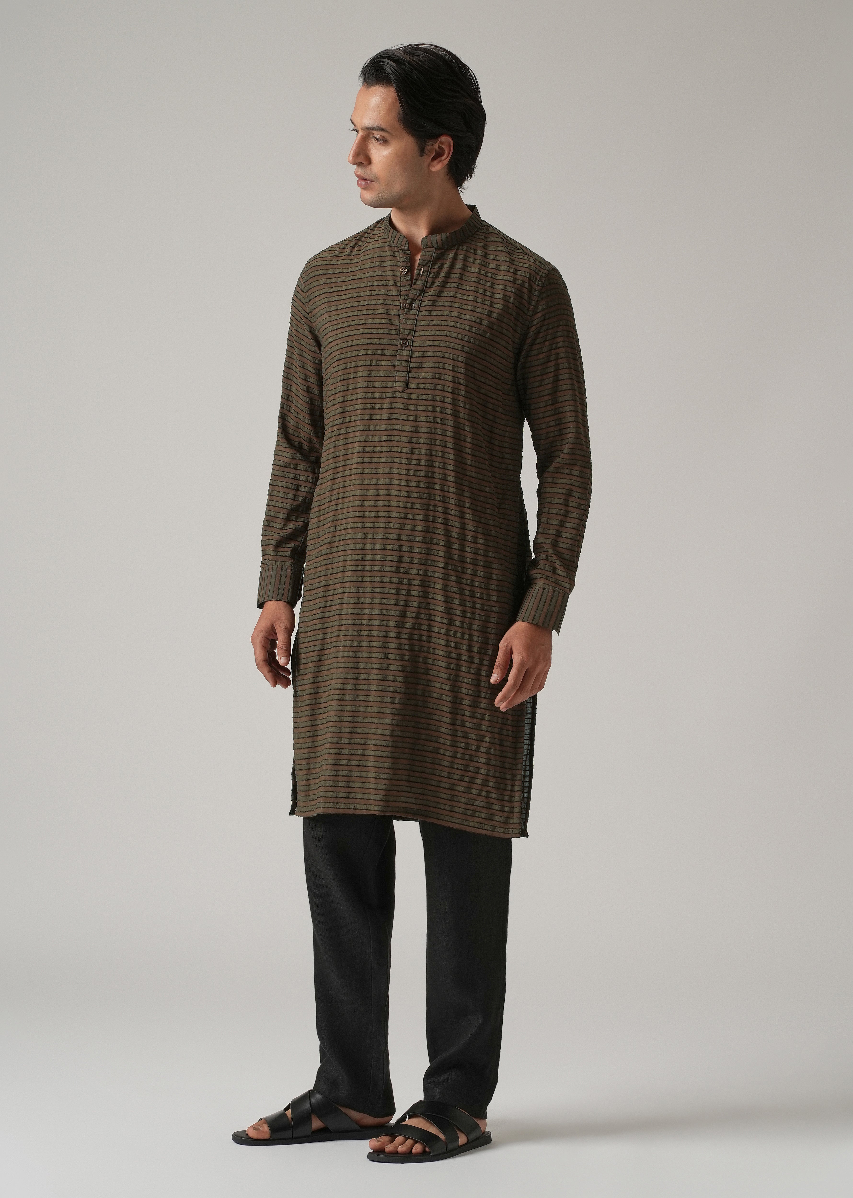 Dark Olive Nylon Pin Stripe Kurta