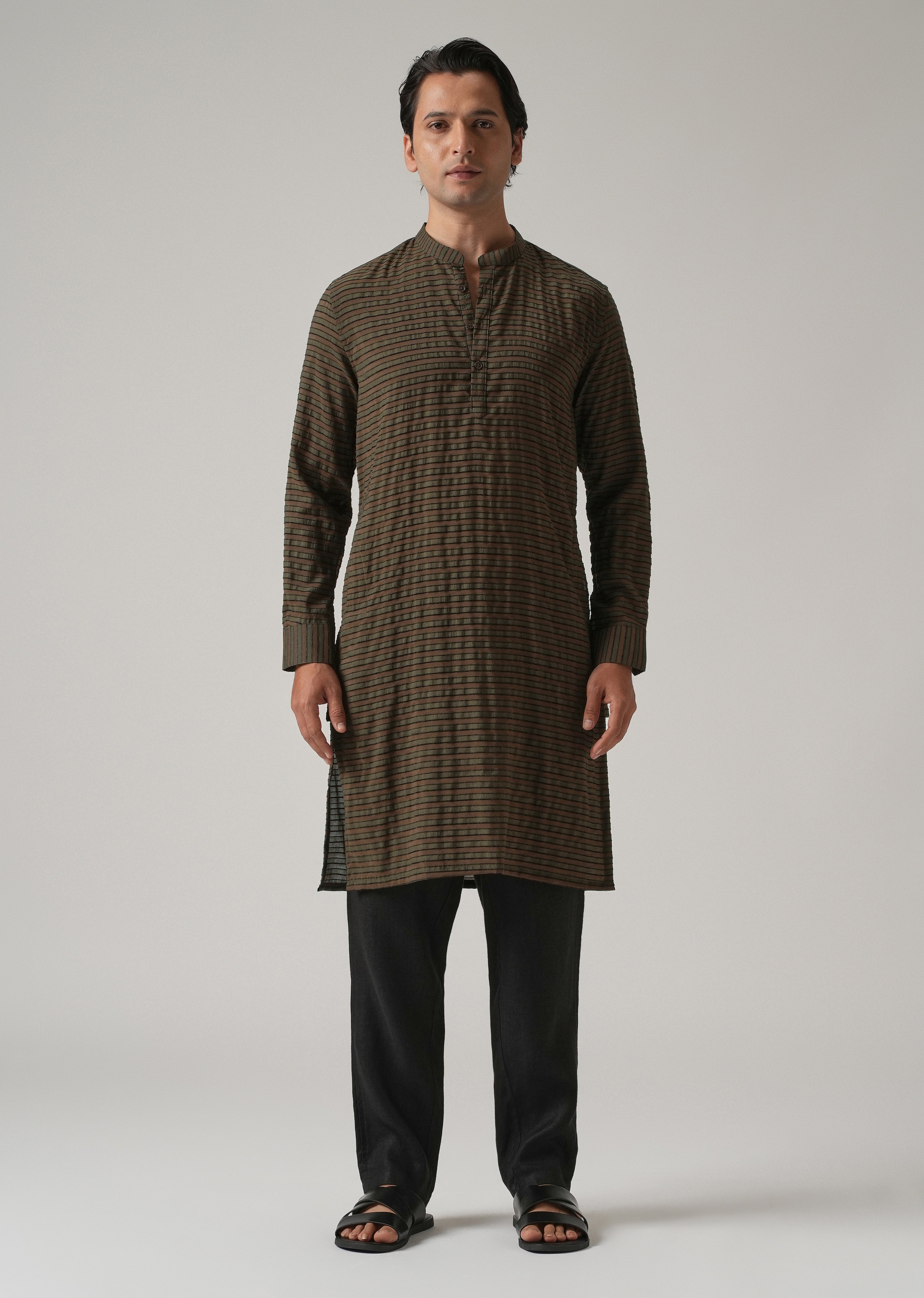 Dark Olive Nylon Pin Stripe Kurta