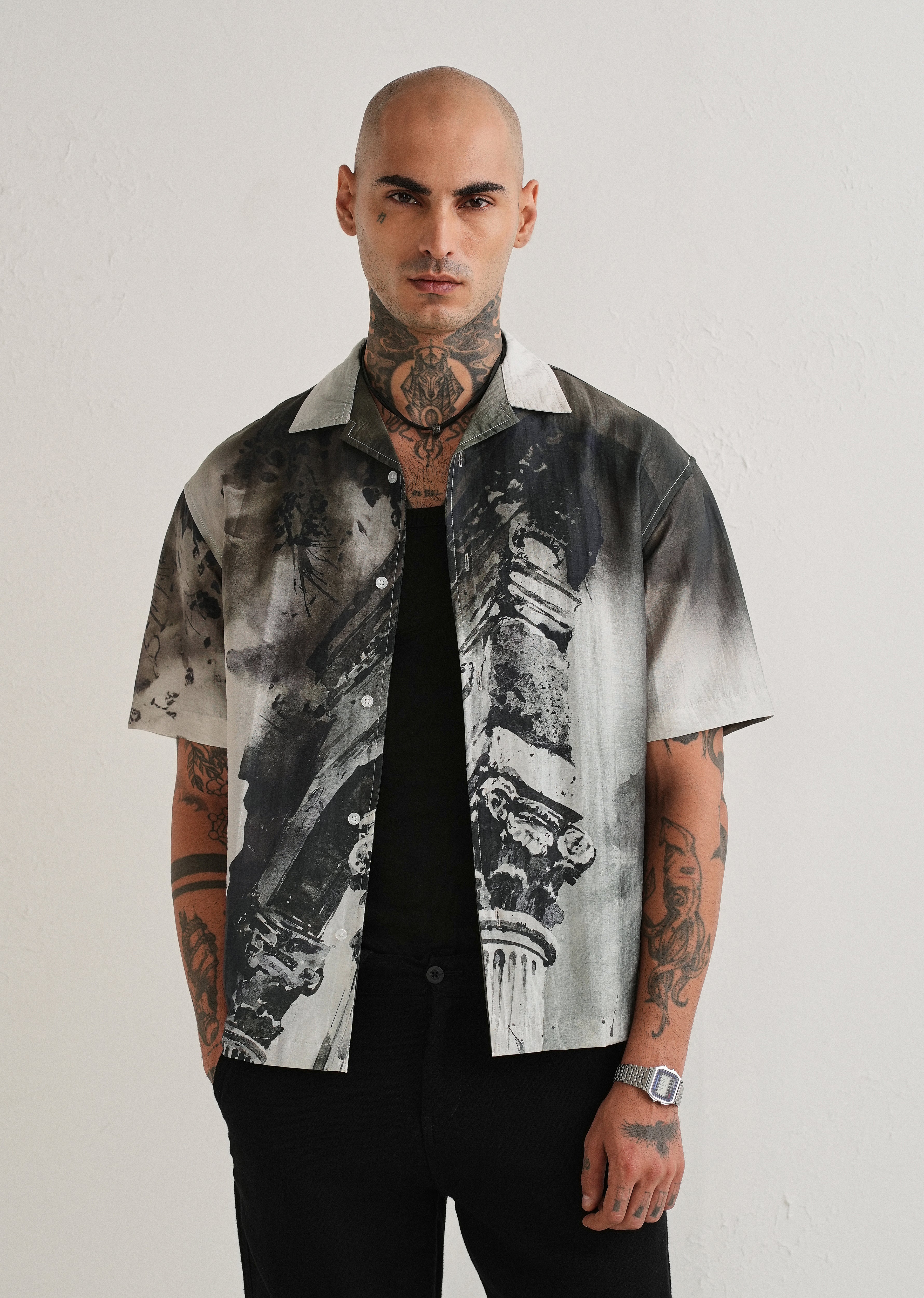Dark Olive Wash Placement Print Shirt