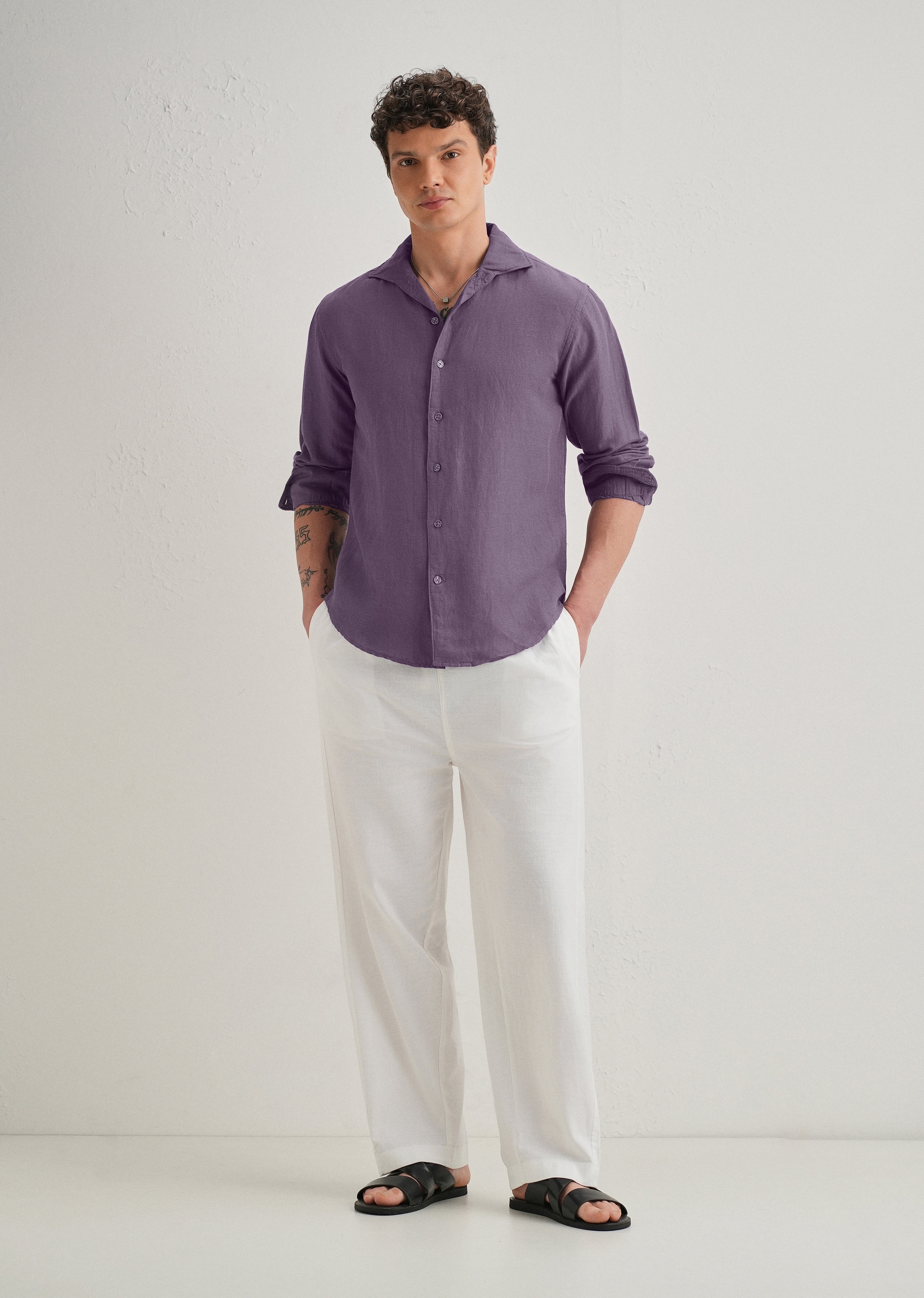 Dark Purple Plain Linen Viscose Shirt