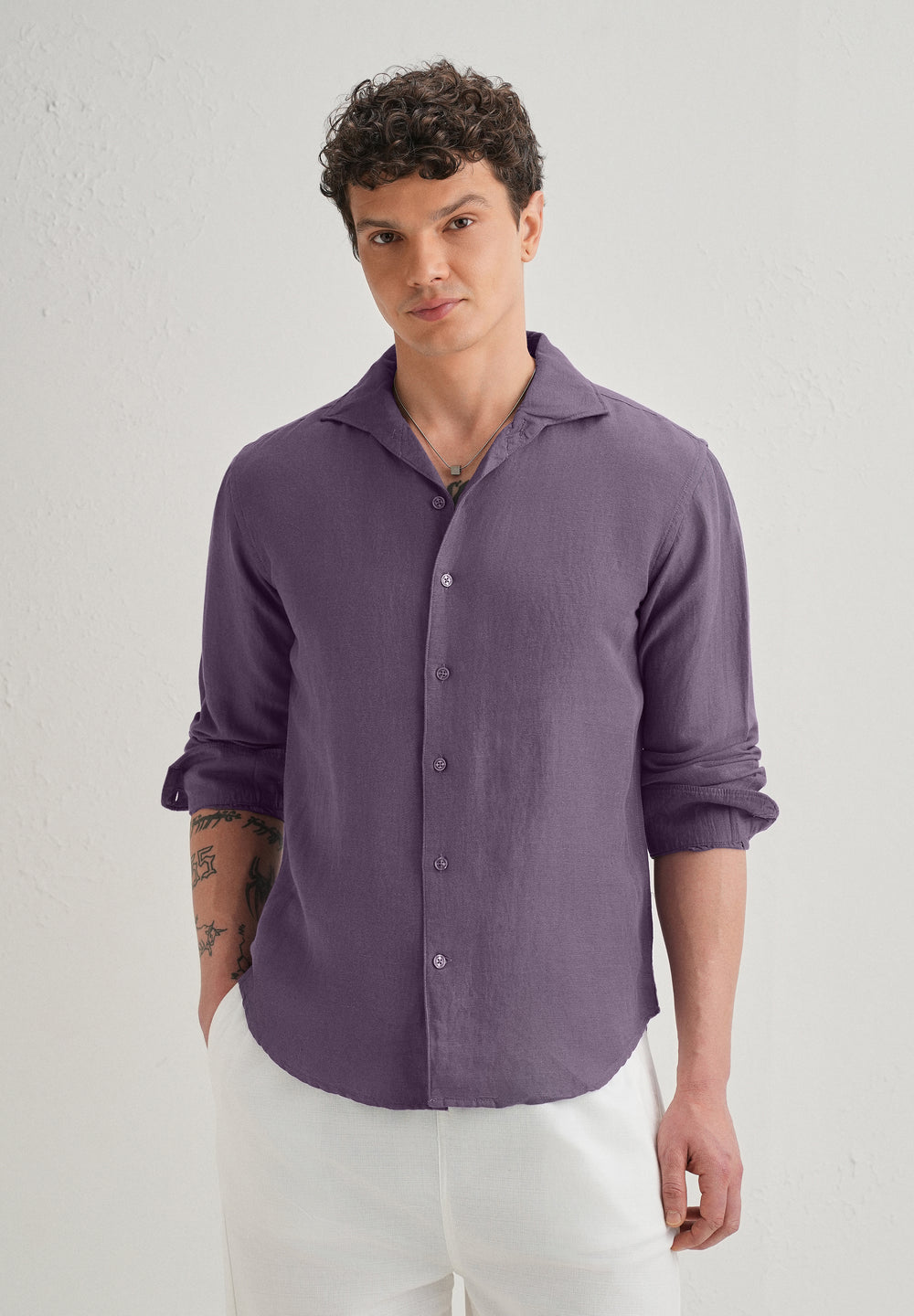 Dark Purple Plain Linen Viscose Shirt