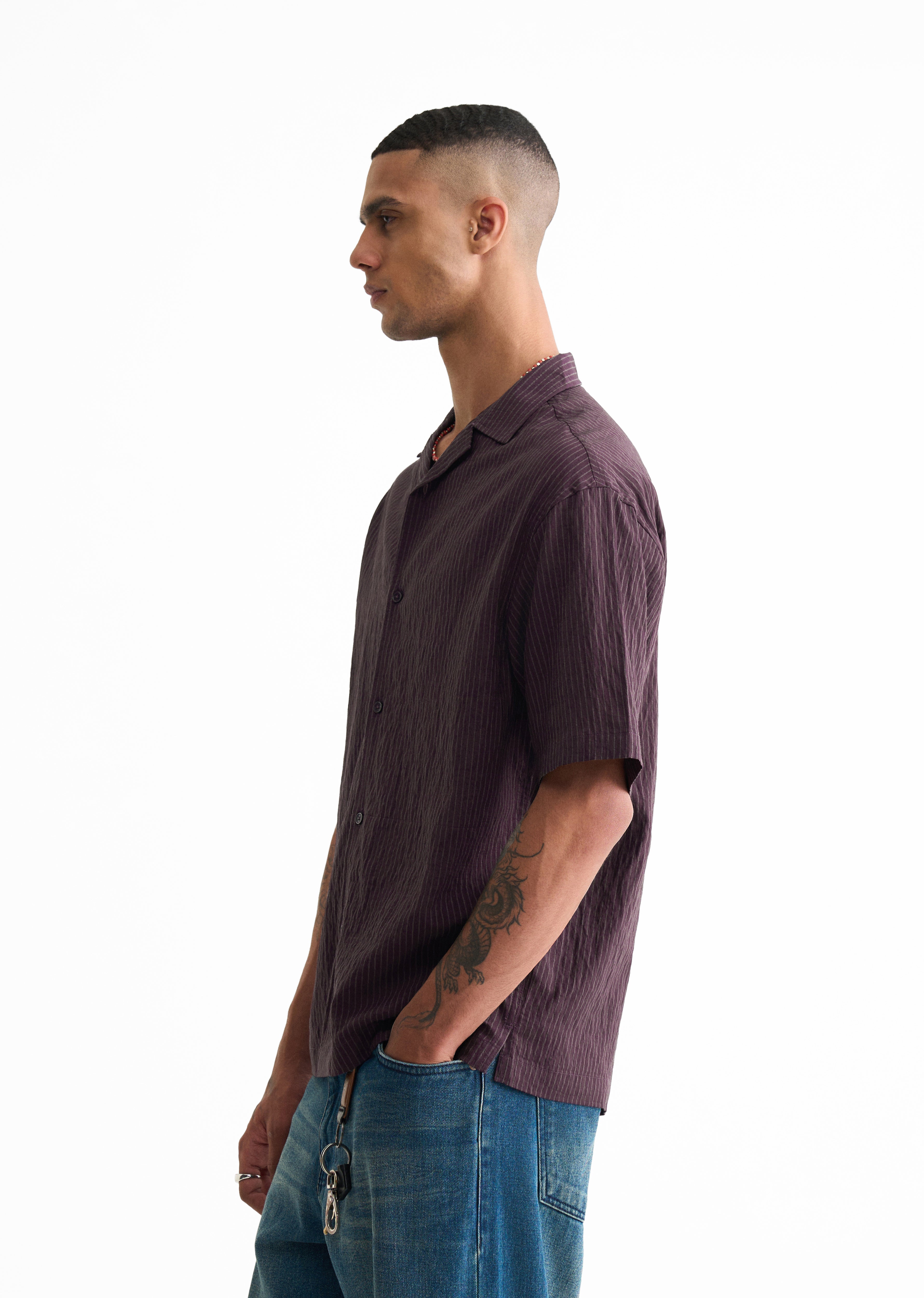 Dark Purple Pleated-Back Stripe Shirt