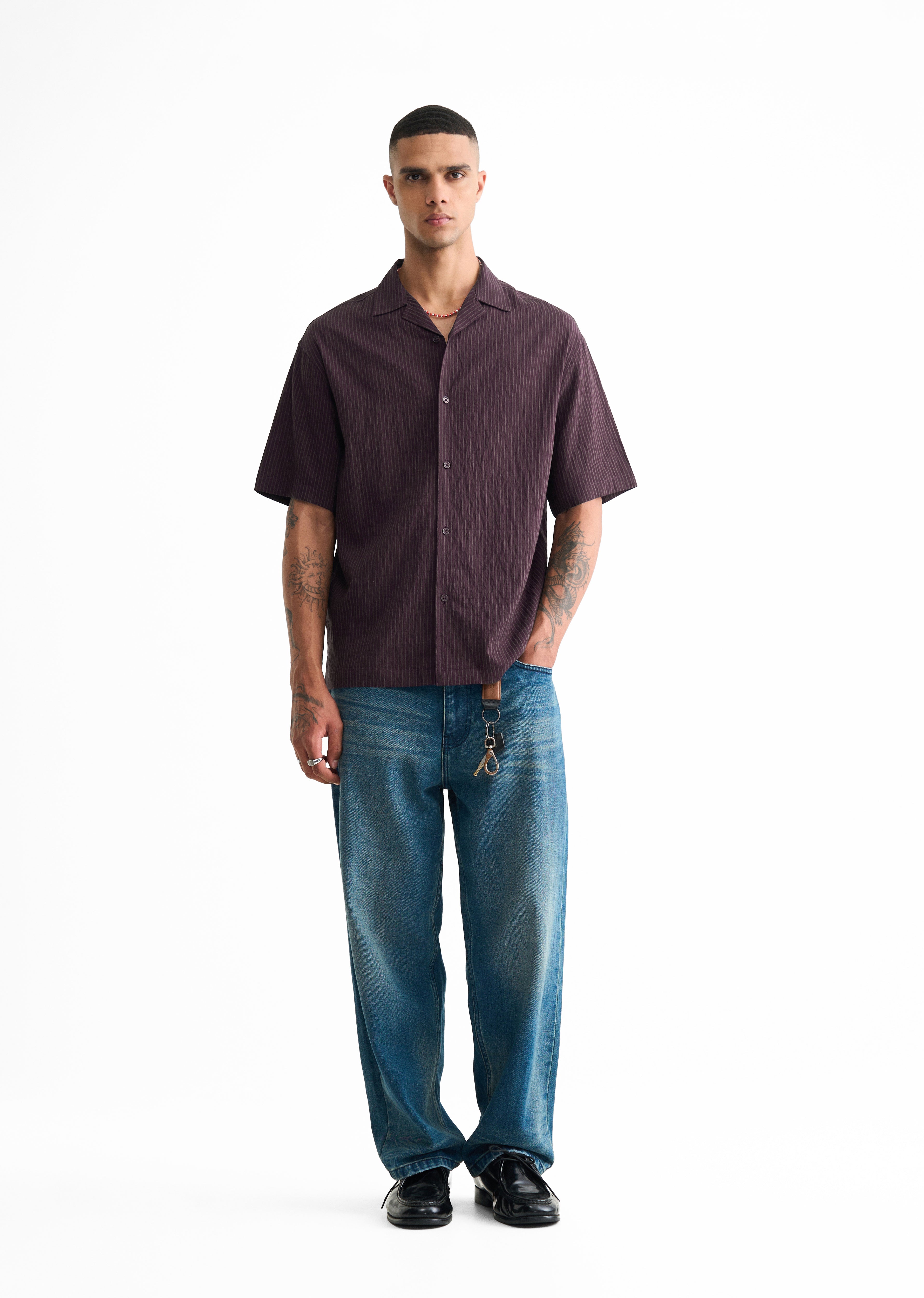 Dark Purple Pleated-Back Stripe Shirt