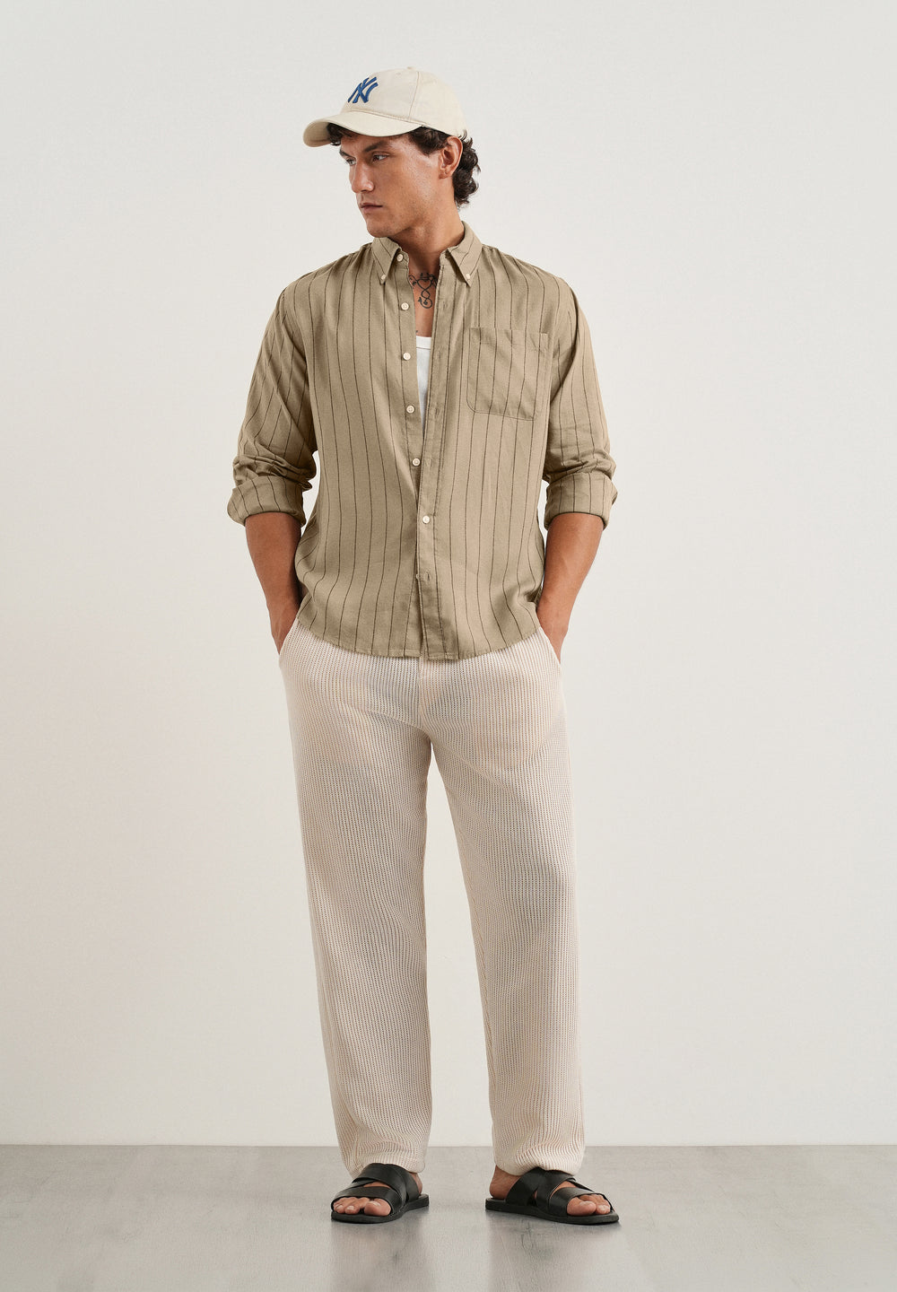 Dark Tan Lyocell Linen Stripe Shirt