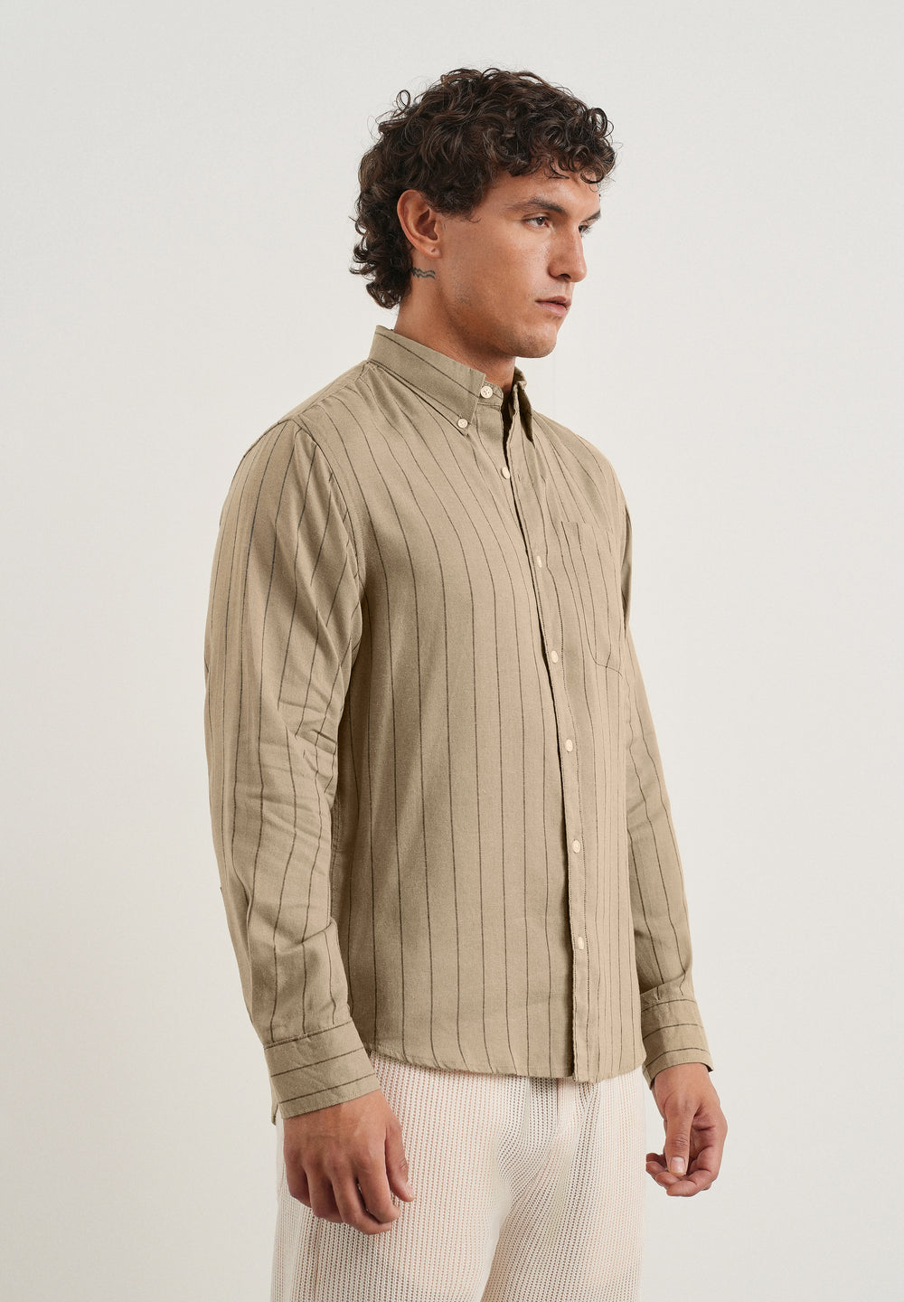 Dark Tan Lyocell Linen Stripe Shirt
