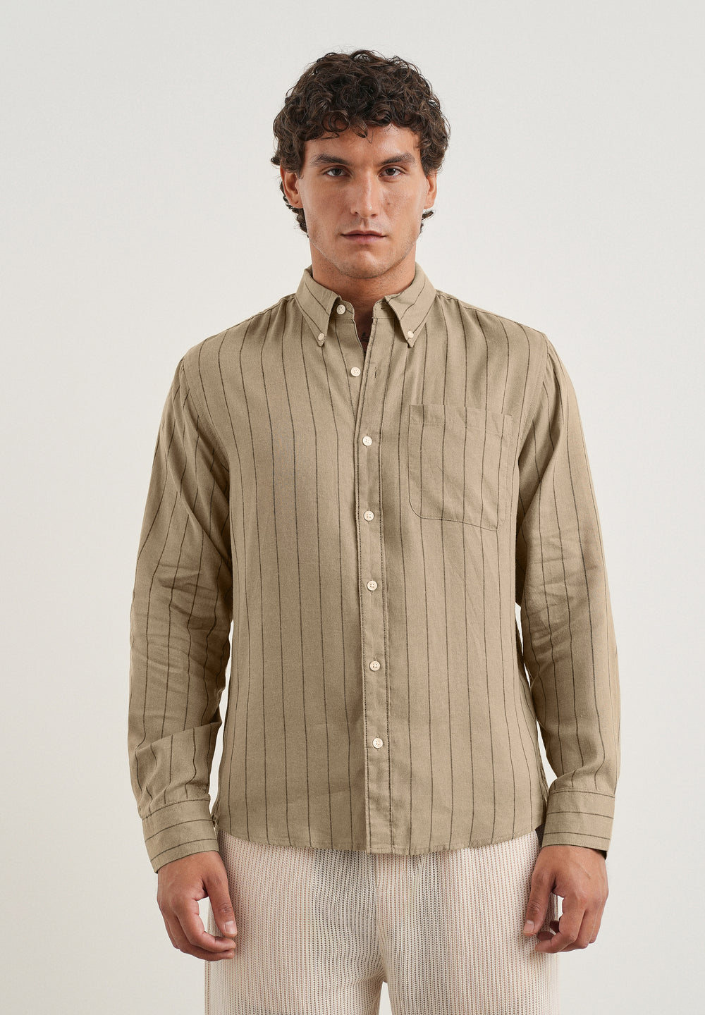 Dark Tan Lyocell Linen Stripe Shirt