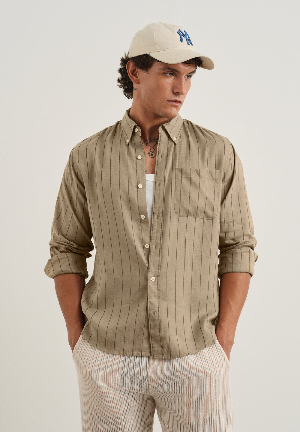 Dark Tan Lyocell Linen Stripe Shirt