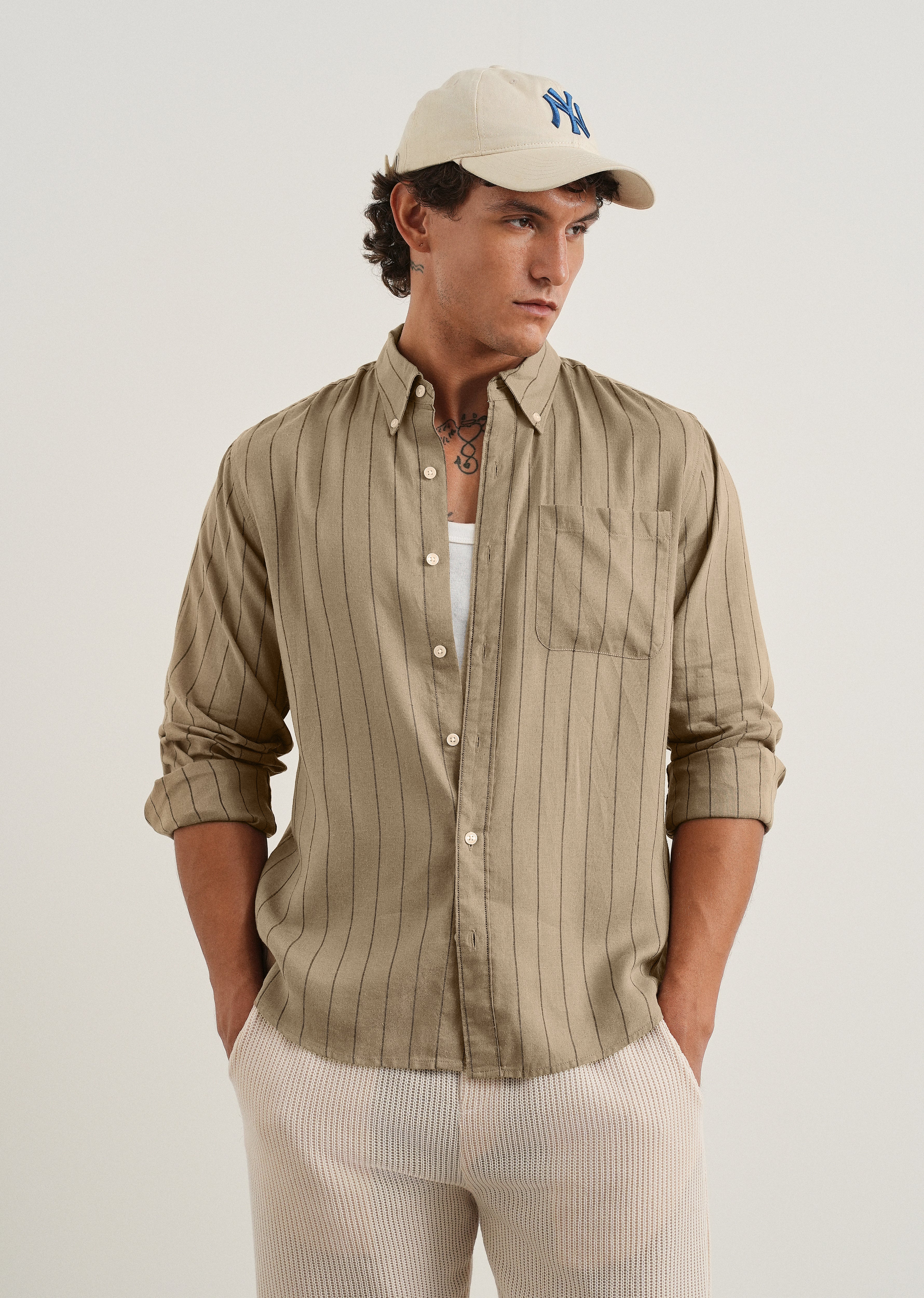 Dark Tan Lyocell Linen Stripe Shirt