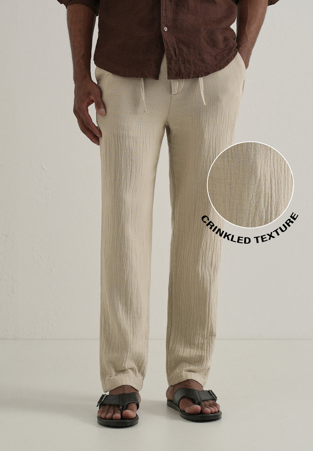 Dark Beige Crinkled Cotton Trouser