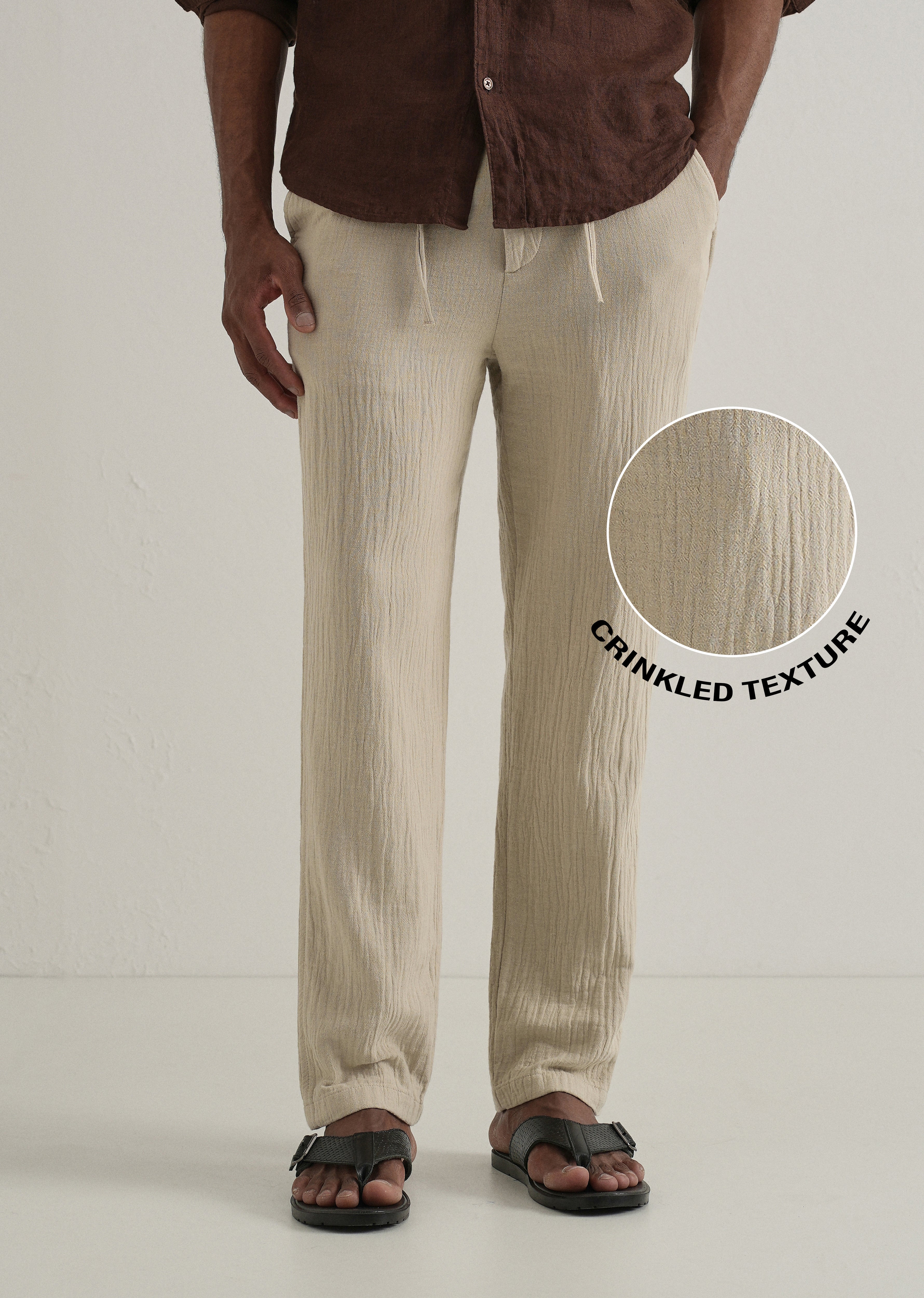 Dark Beige Crinkled Cotton Trouser