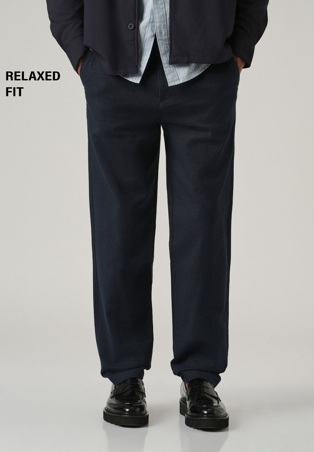 Dark Blue Linen-Look Cotton Trousers
