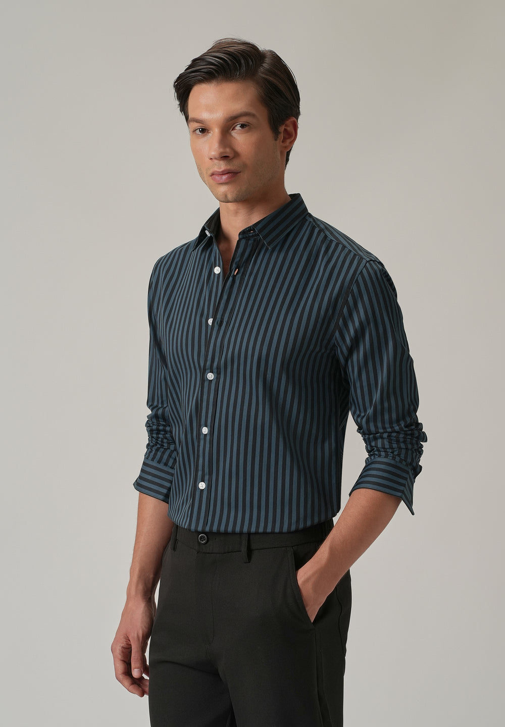 Dark Blue Satin Pin Stripe Shirt