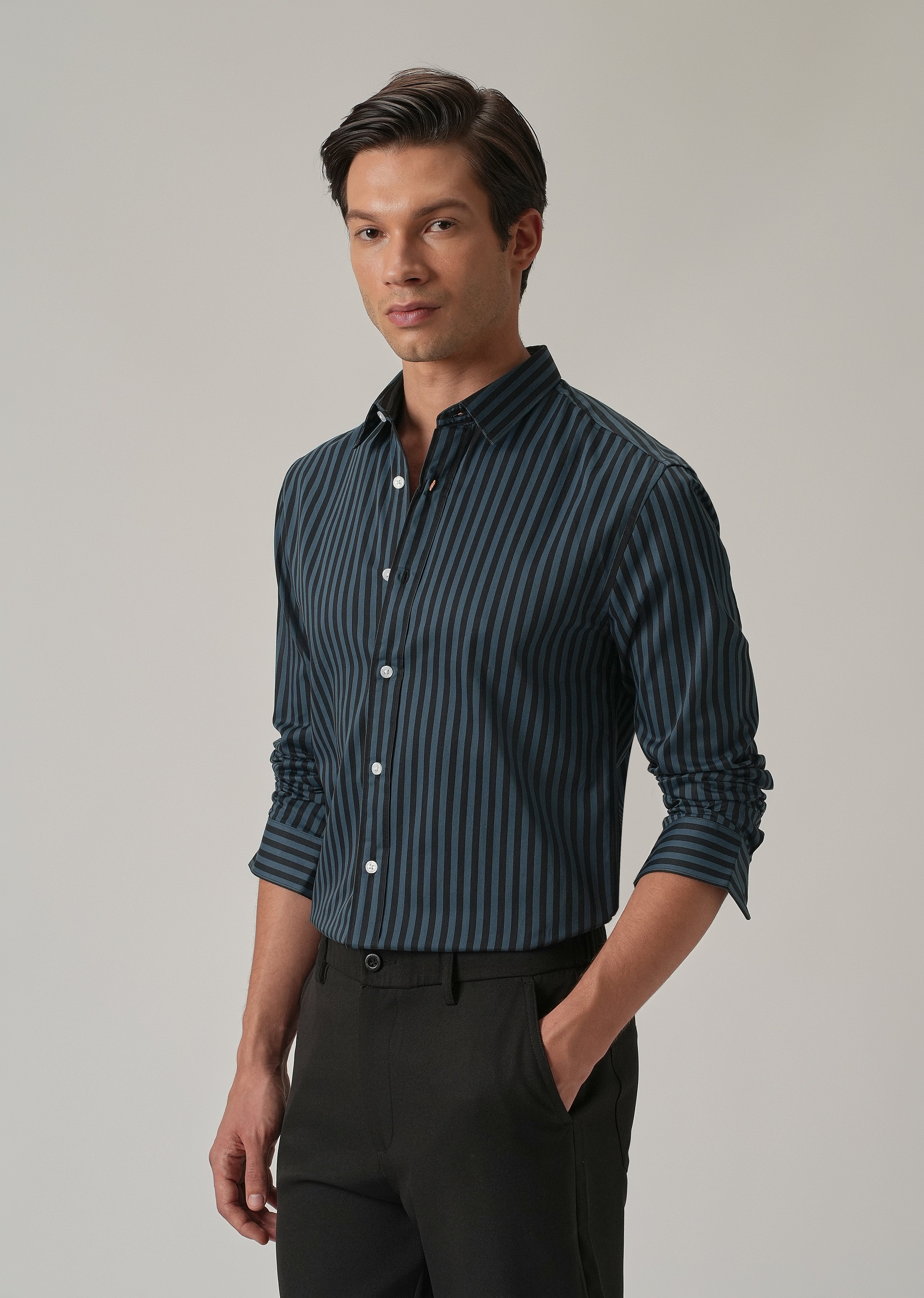 Dark Blue Satin Pin Stripe Shirt