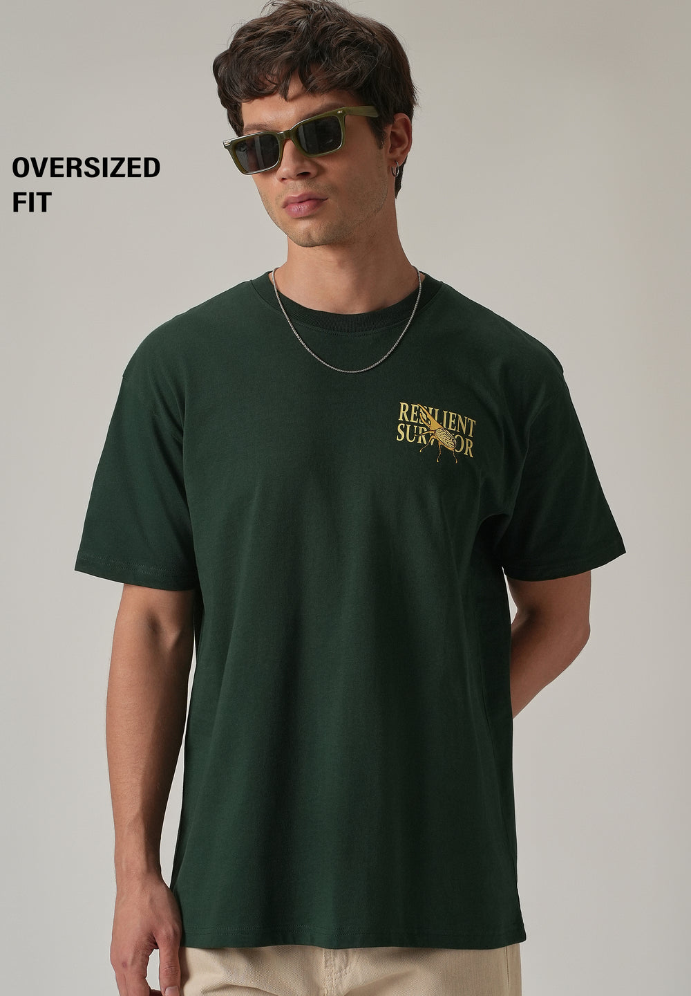 Dark Green Back Printed Oversized T-Shirt