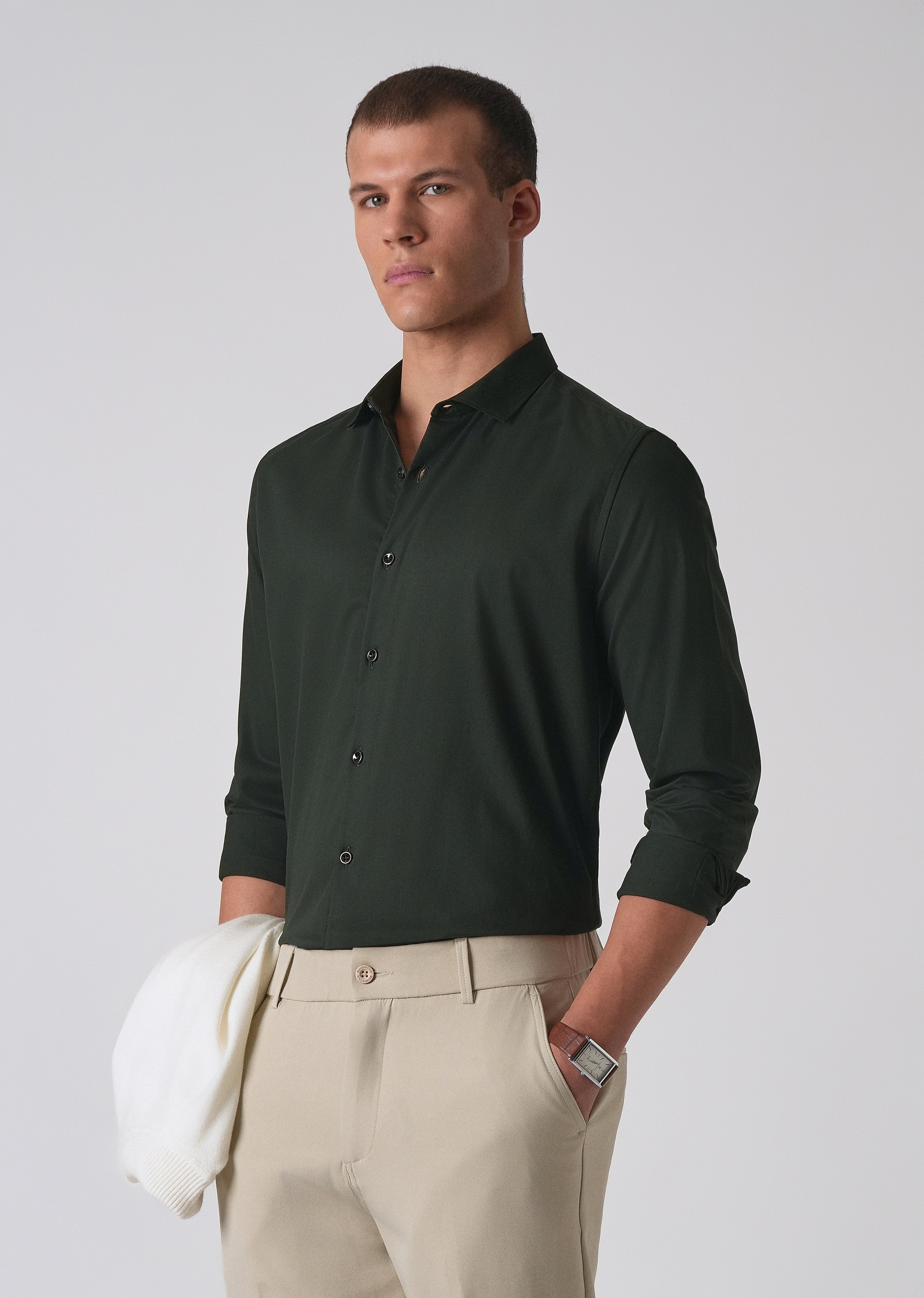 Dark Green Cotton Stretch Plain Shirt