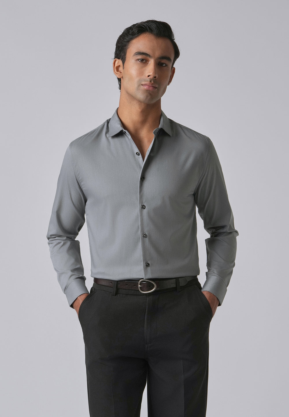 Dark Grey Cotton Stretch Plain Shirt