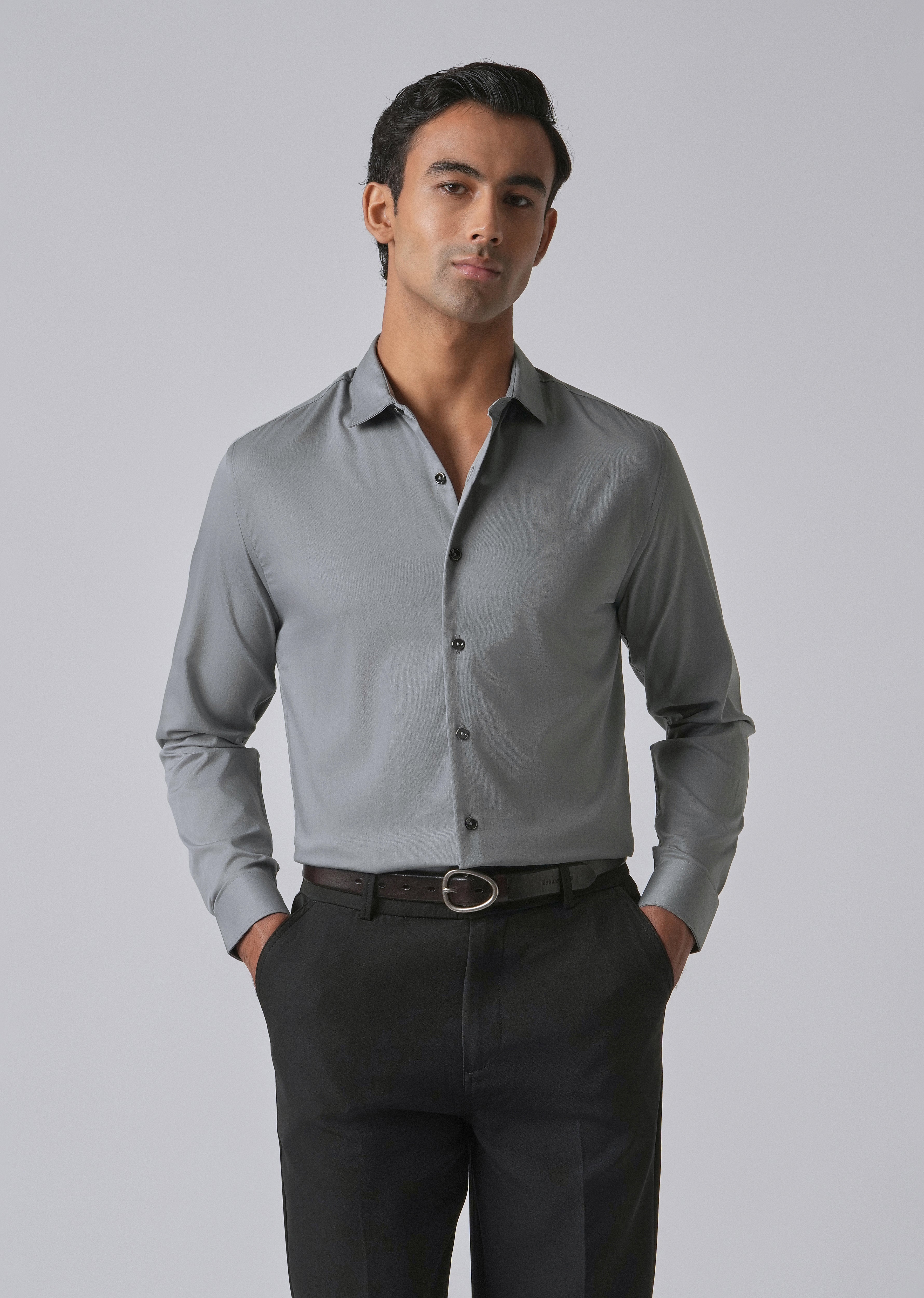 Dark Grey Cotton Stretch Plain Shirt
