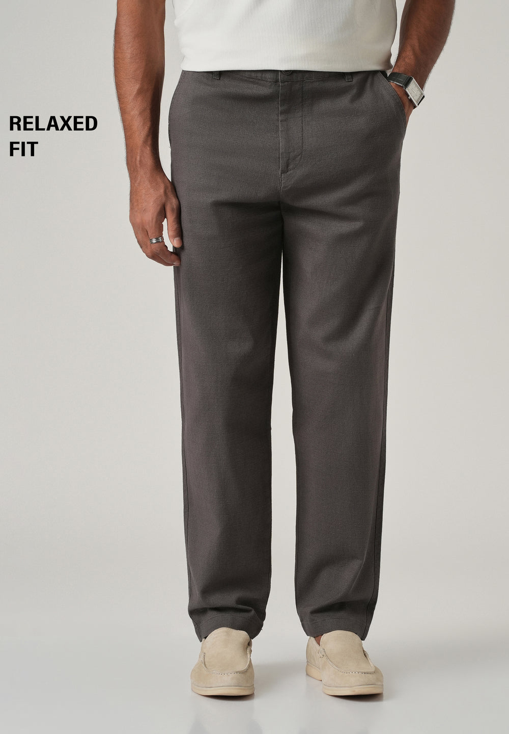 Dark Grey Linen-Look Cotton Trousers