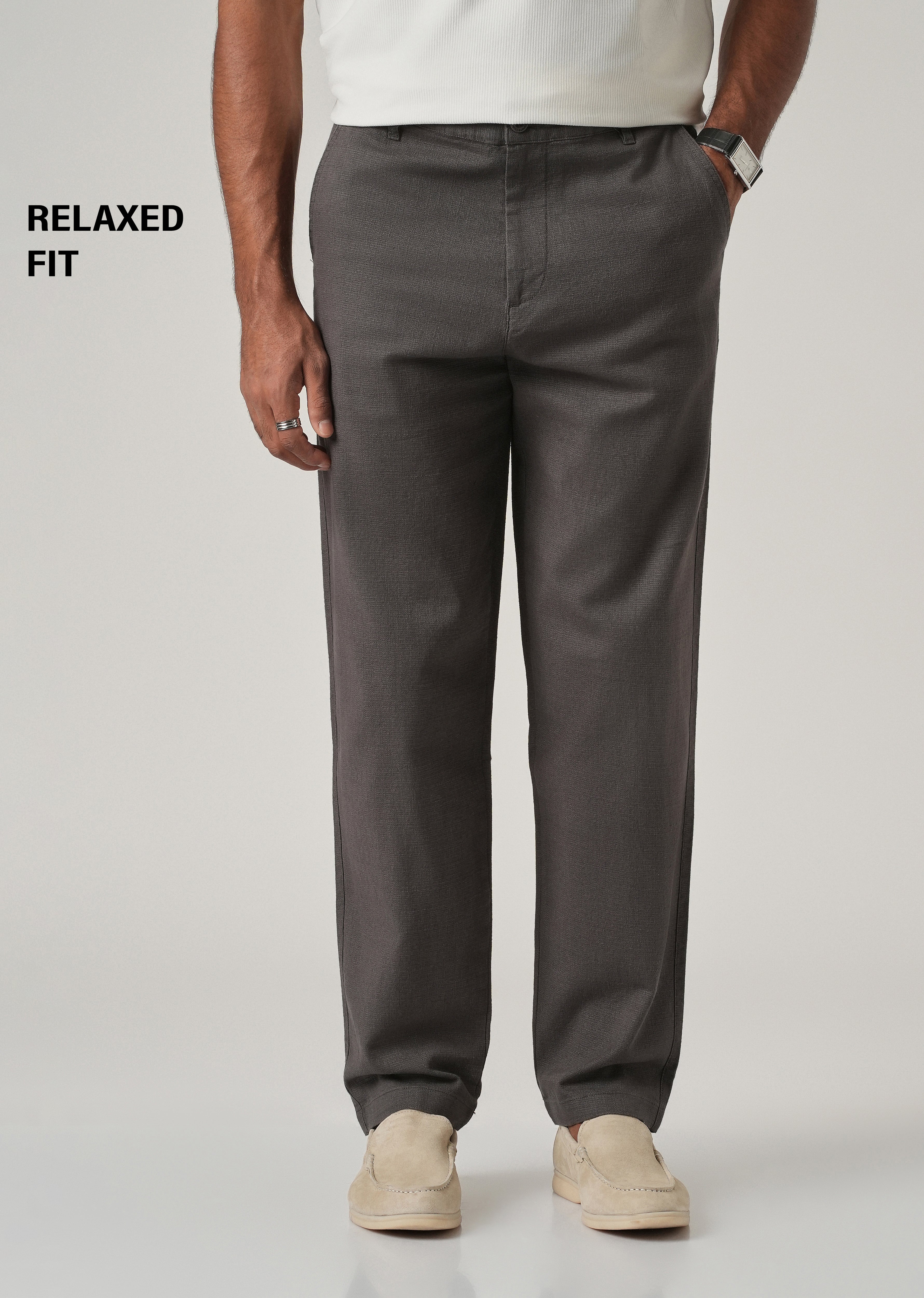 Dark Grey Linen-Look Cotton Trousers