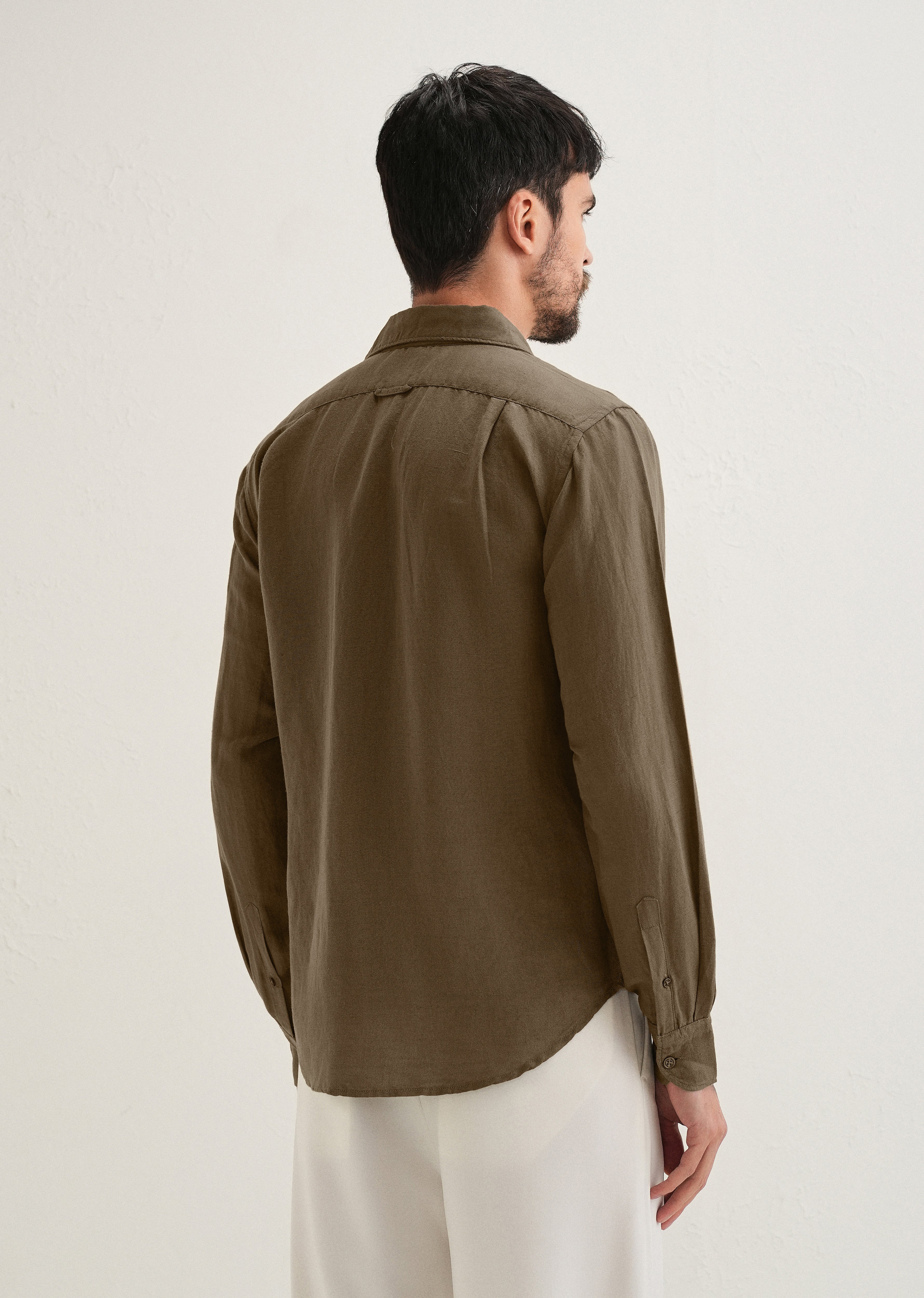 Dark Khaki Plain Linen Viscose Shirt