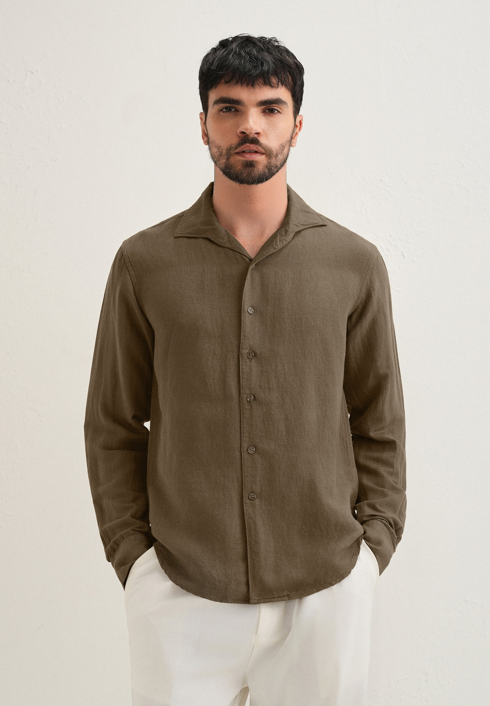 Dark Khaki Plain Linen Viscose Shirt
