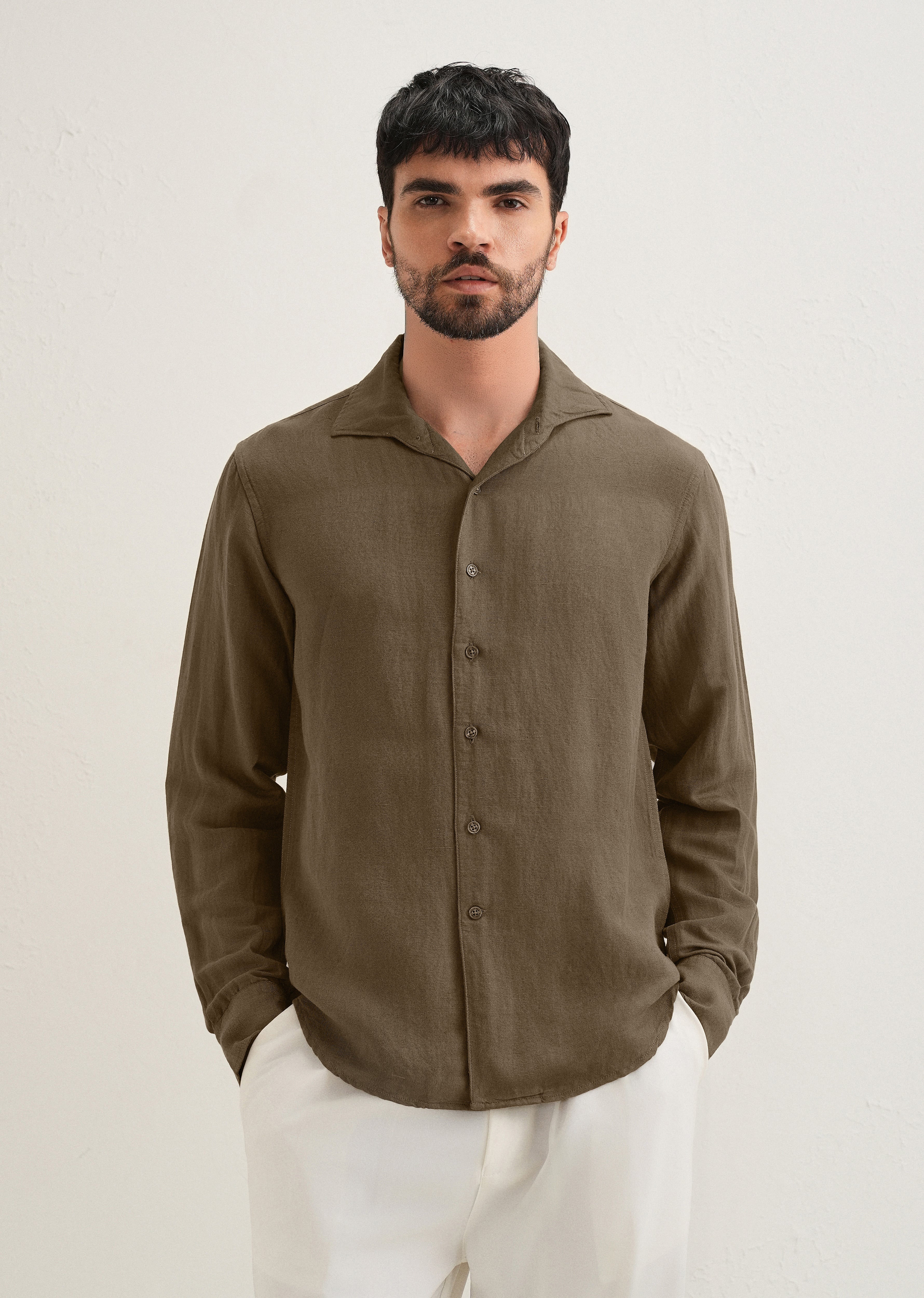 Dark Khaki Plain Linen Viscose Shirt