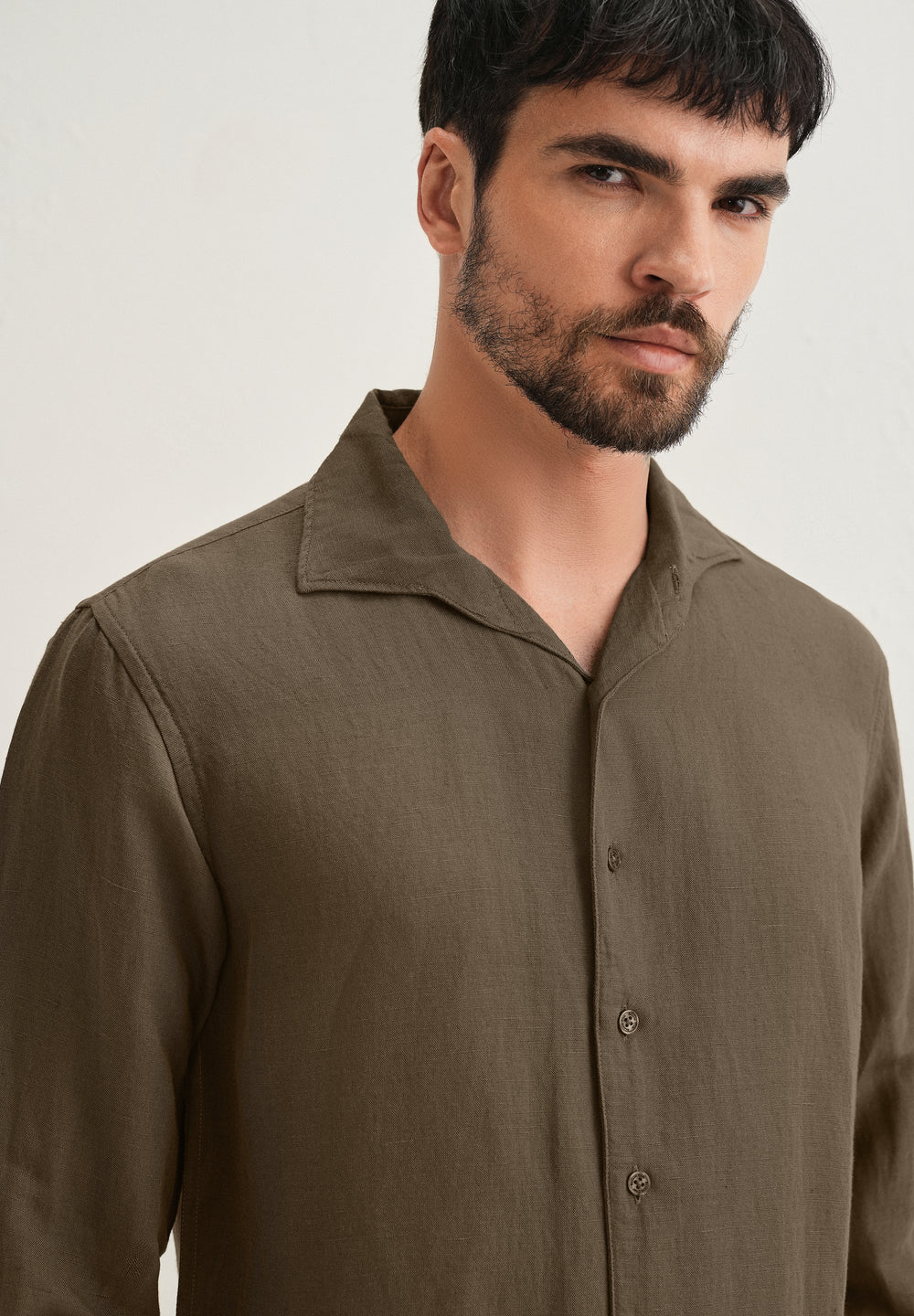 Dark Khaki Plain Linen Viscose Shirt