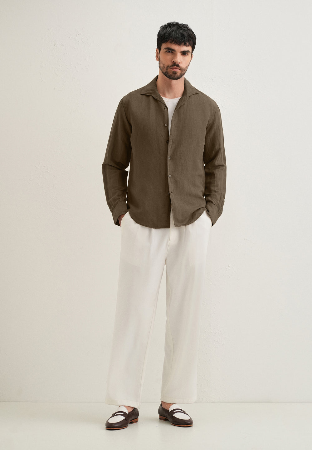 Dark Khaki Plain Linen Viscose Shirt
