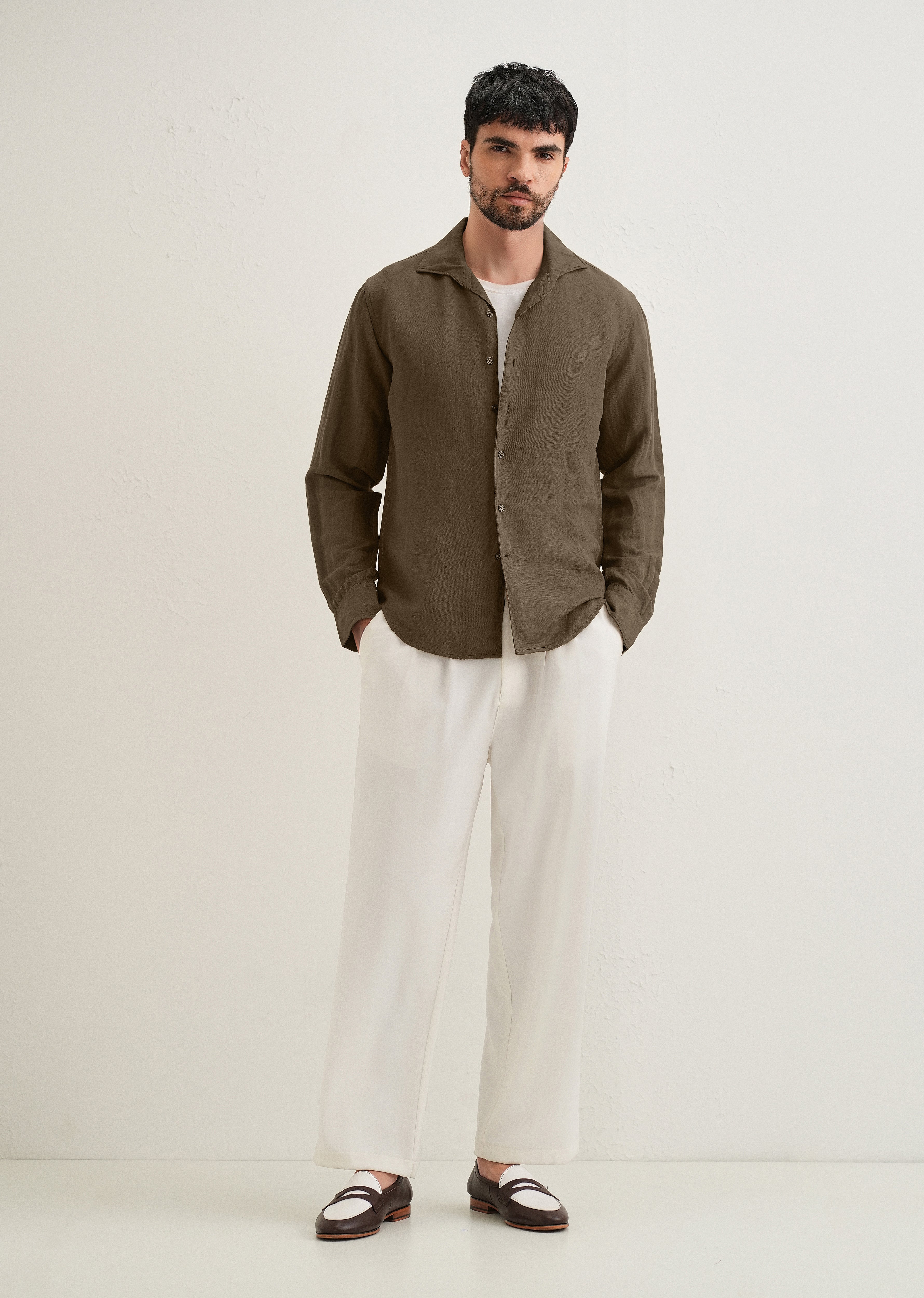 Dark Khaki Plain Linen Viscose Shirt