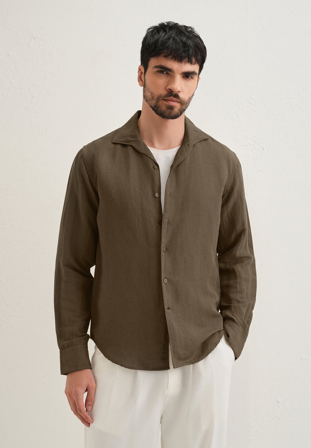 Dark Khaki Plain Linen Viscose Shirt