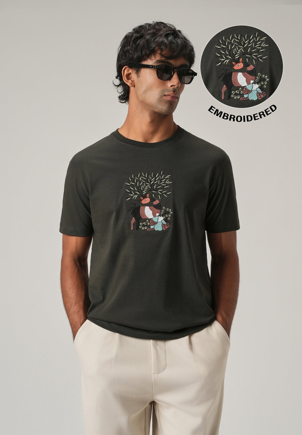 Dark Olive Chest Embroidered Slim Fit T-Shirt