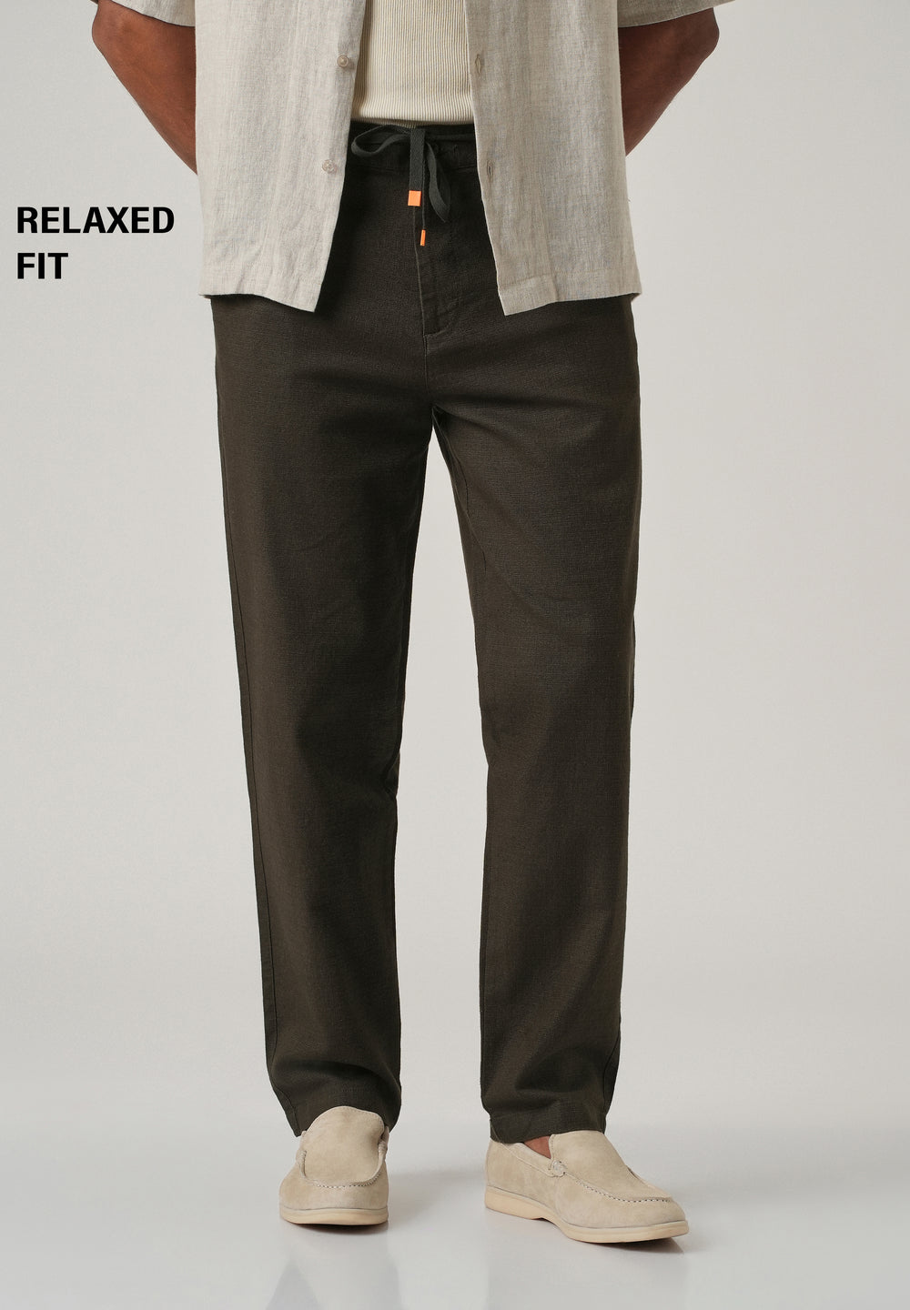 Dark Olive Linen-Look Cotton Trousers