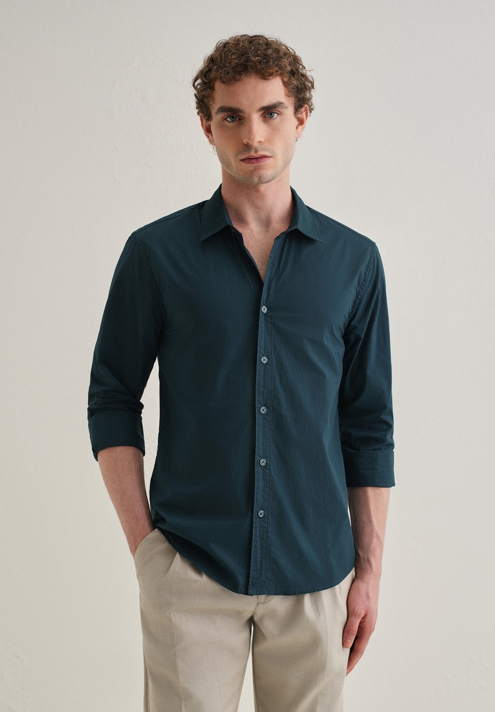 Dark Teal Blue Plain Cotton Shirt