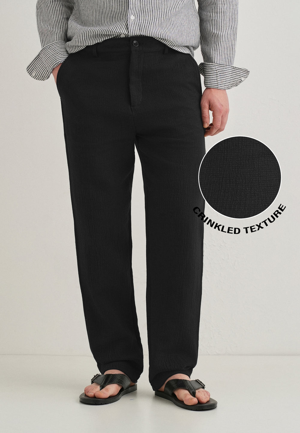 Deep Black Crinkled Cotton Trouser