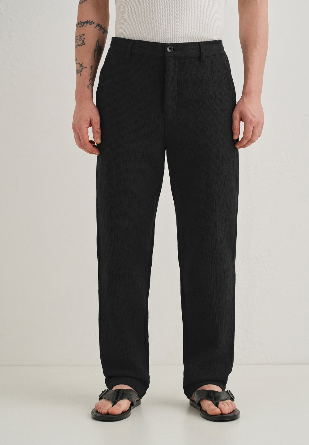 Deep Black Crinkled Cotton Trouser