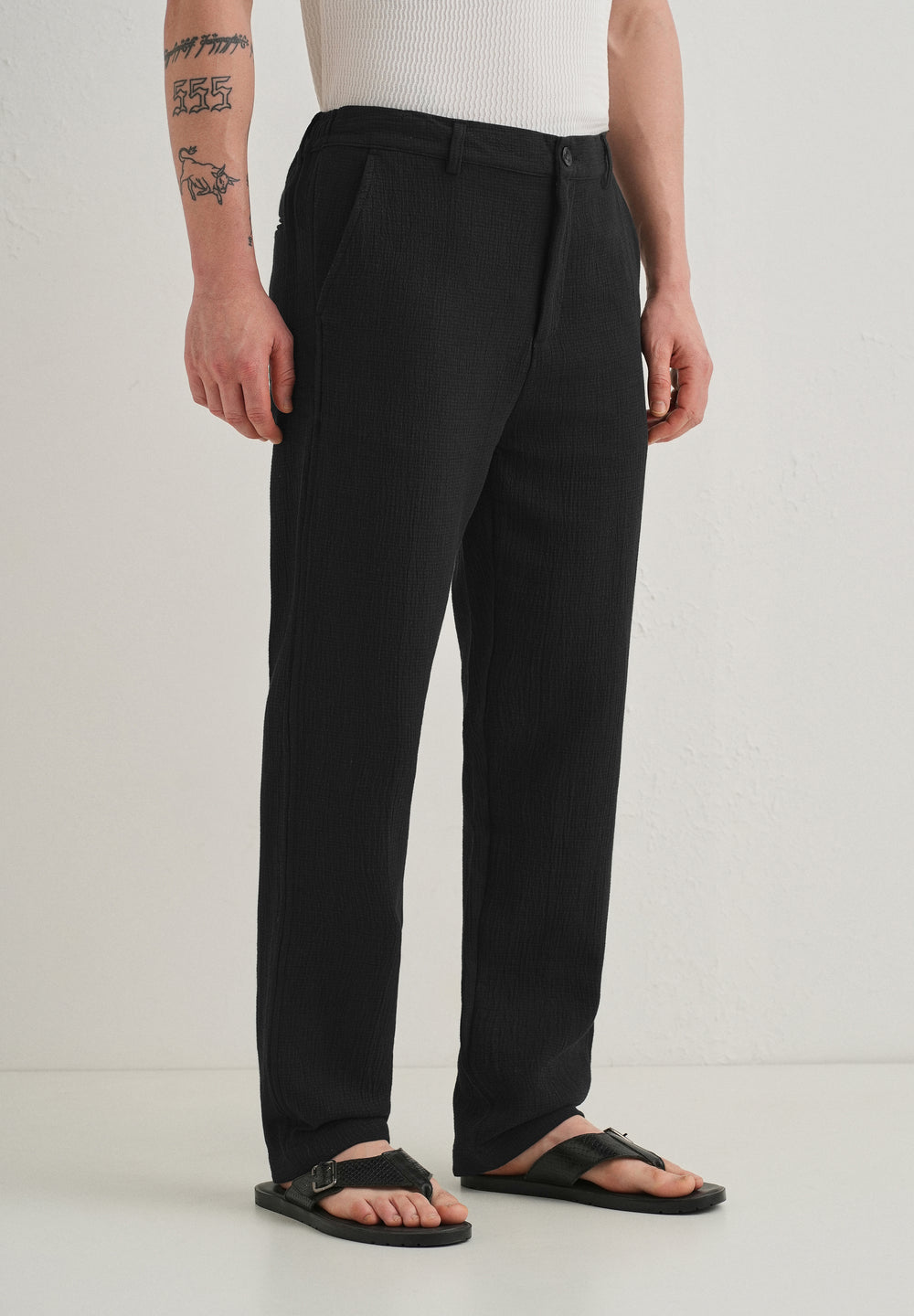 Deep Black Crinkled Cotton Trouser