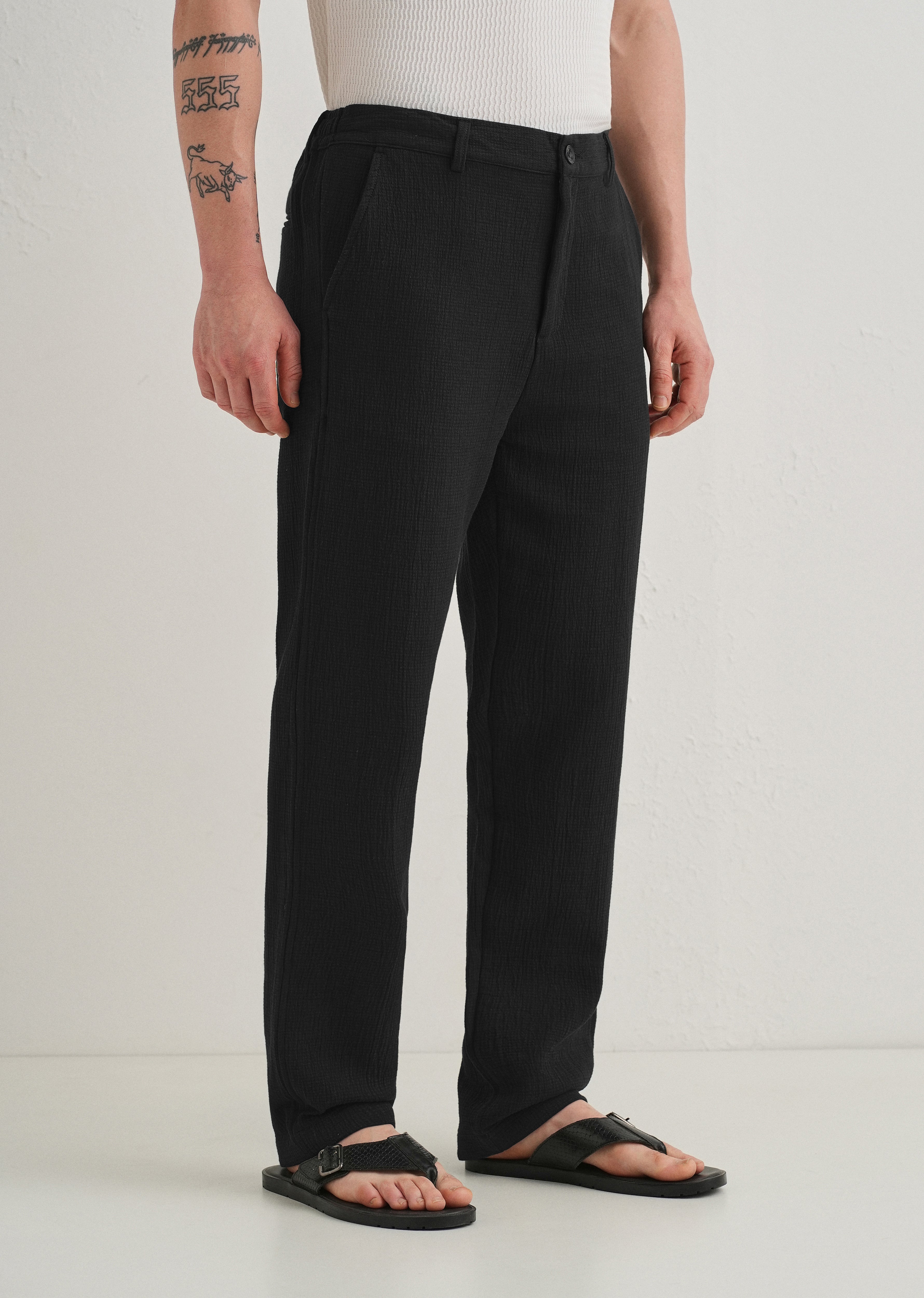 Deep Black Crinkled Cotton Trouser