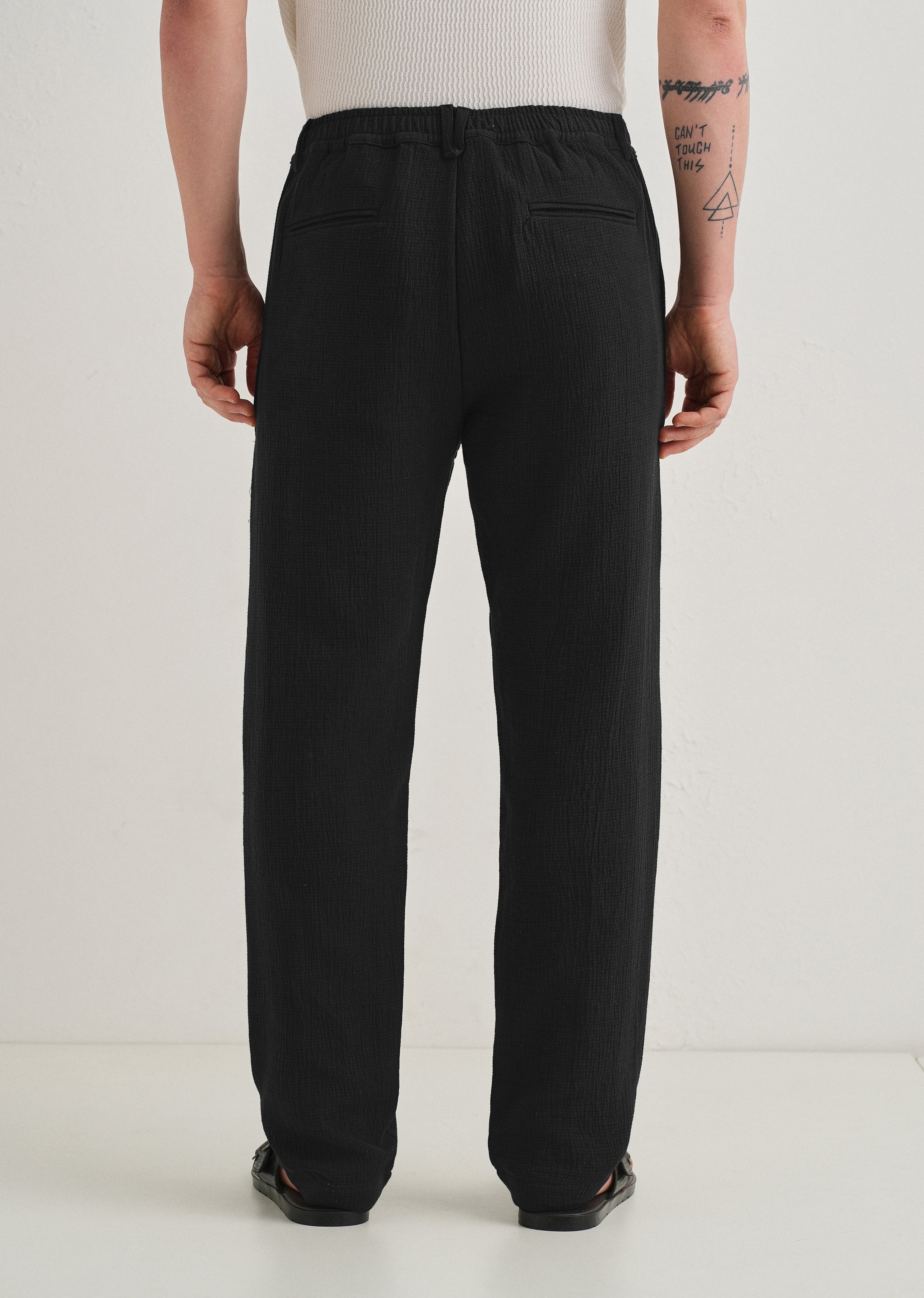 Deep Black Crinkled Cotton Trouser