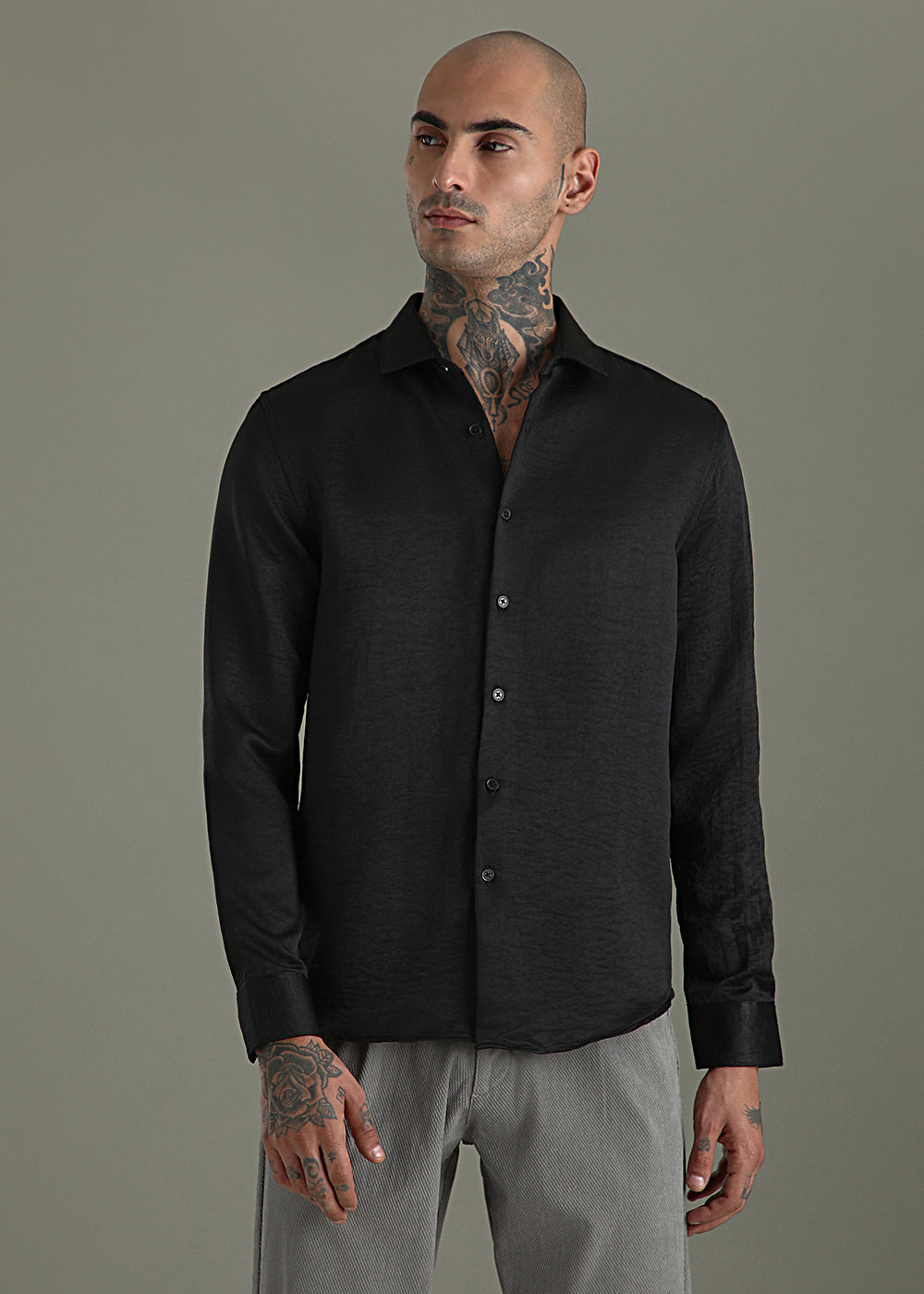 Deep Black Crushed Satin Shirt