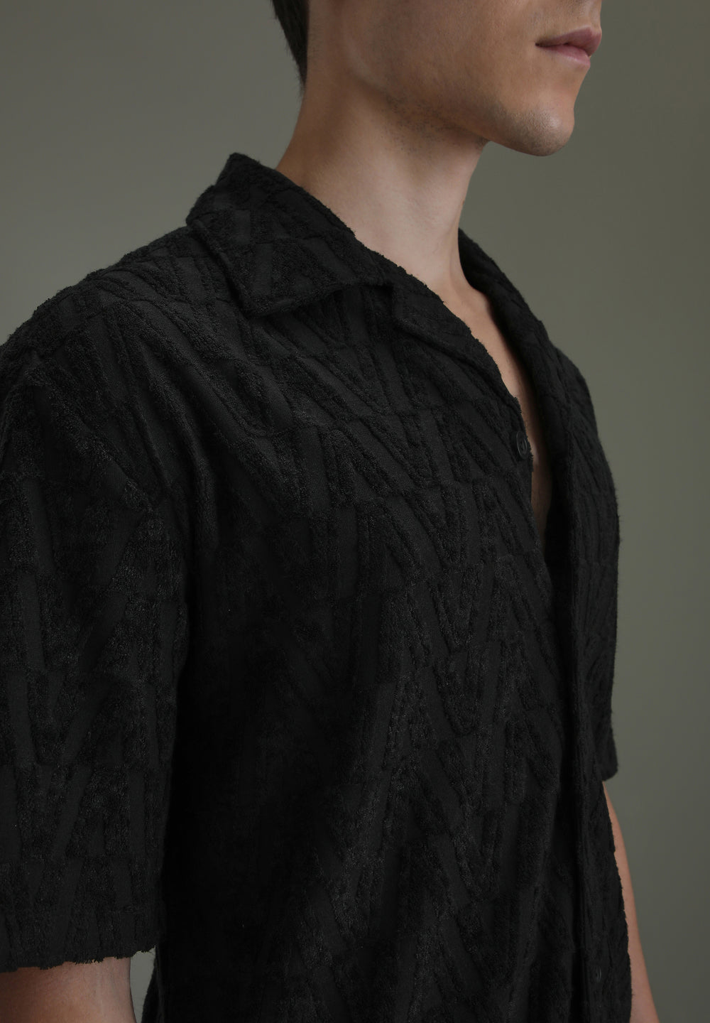 Deep Black Jacquard Towelling Camp Shirt