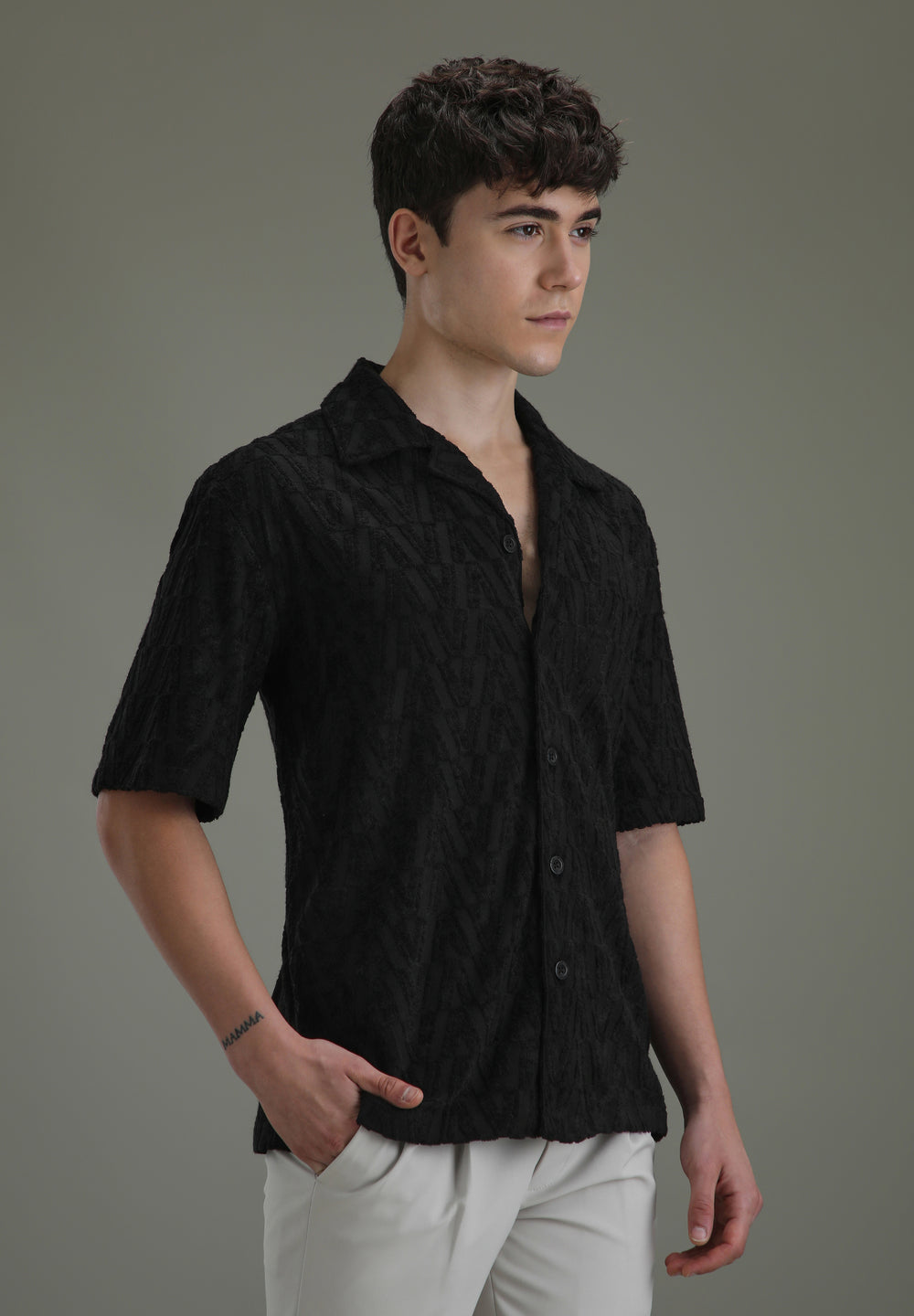 Deep Black Jacquard Towelling Camp Shirt